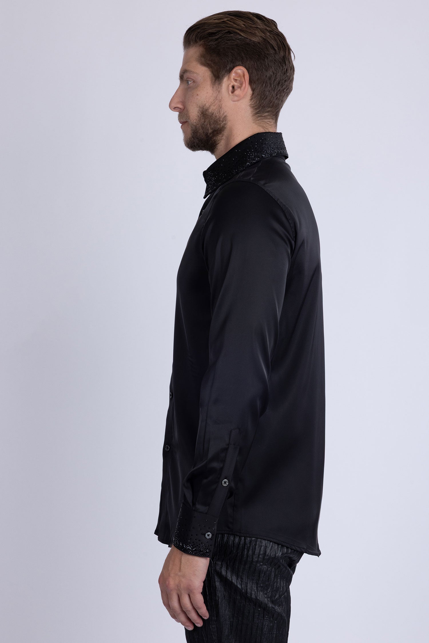 Barabas Men's Rhinestones Collar Stretch Long Sleeve Shirts 5BR21 Black