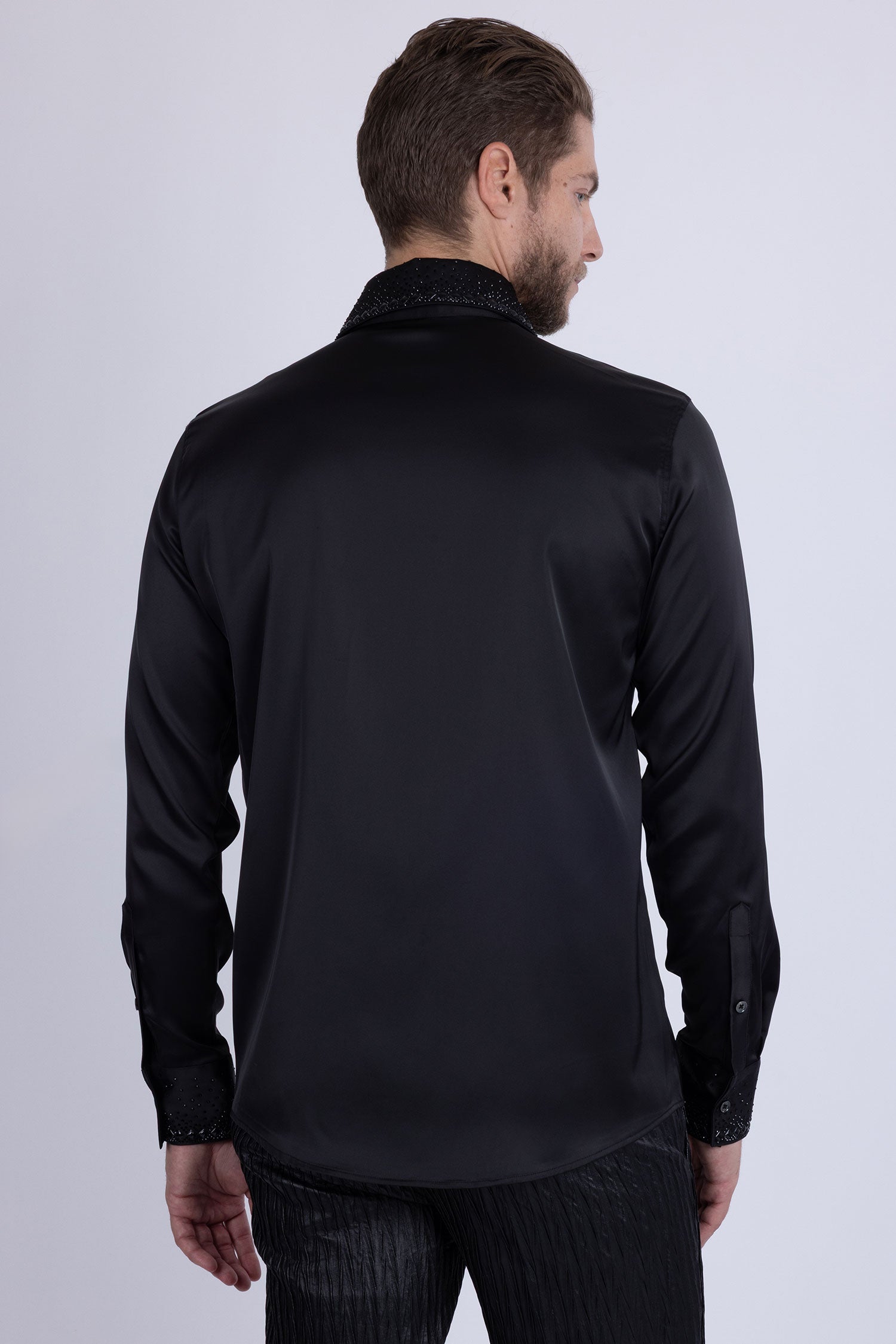 Barabas Men's Rhinestones Collar Stretch Long Sleeve Shirts 5BR21 Black