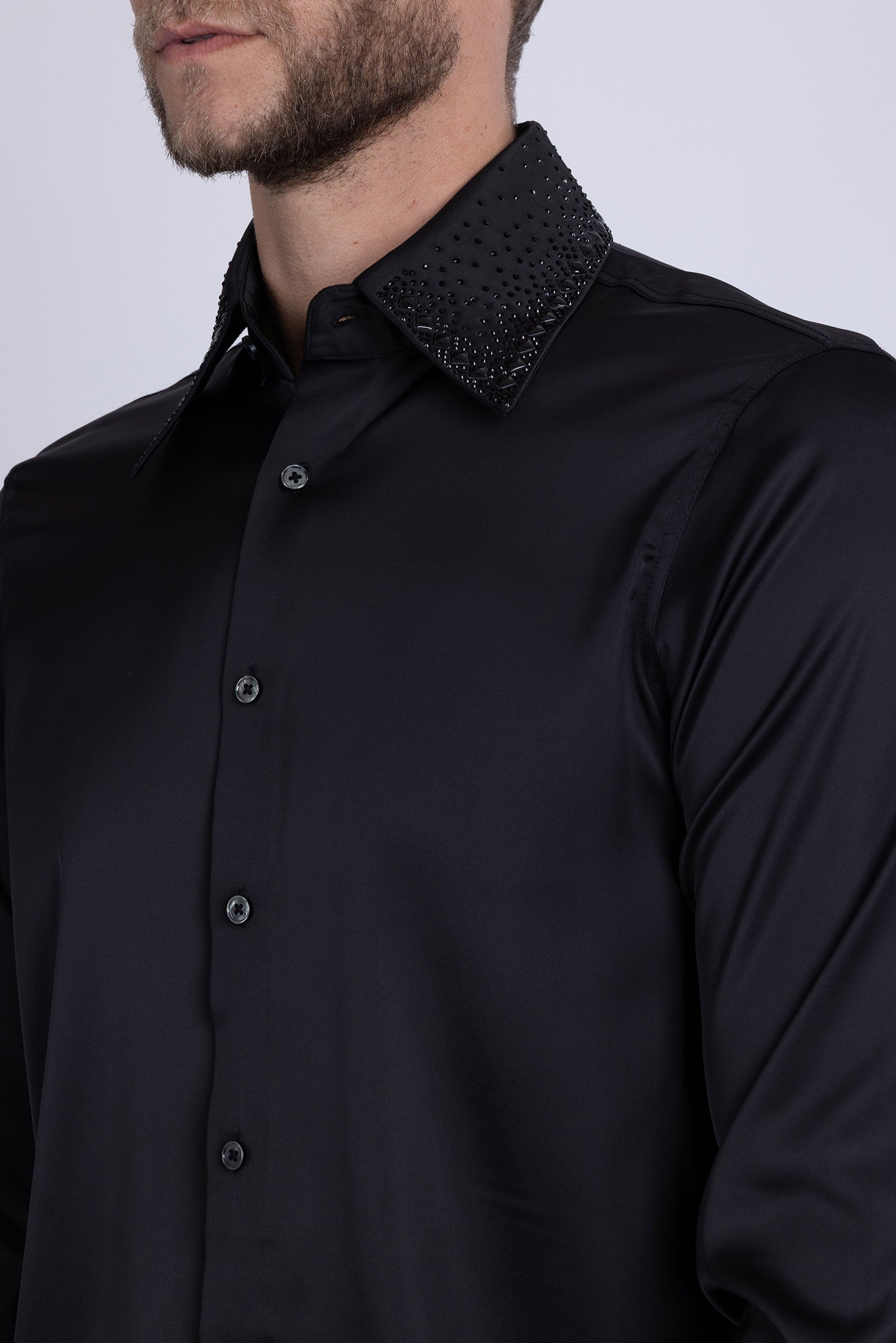 Barabas Men's Rhinestones Collar Stretch Long Sleeve Shirts 5BR21 Black