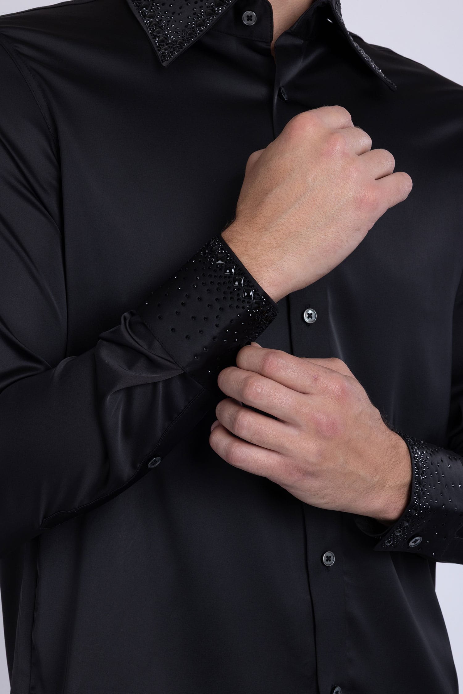 Barabas Men's Rhinestones Collar Stretch Long Sleeve Shirts 5BR21 Black