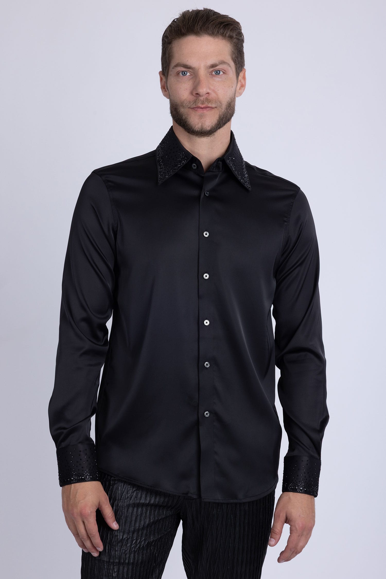 Barabas Men's Rhinestones Collar Stretch Long Sleeve Shirts 5BR21 Black
