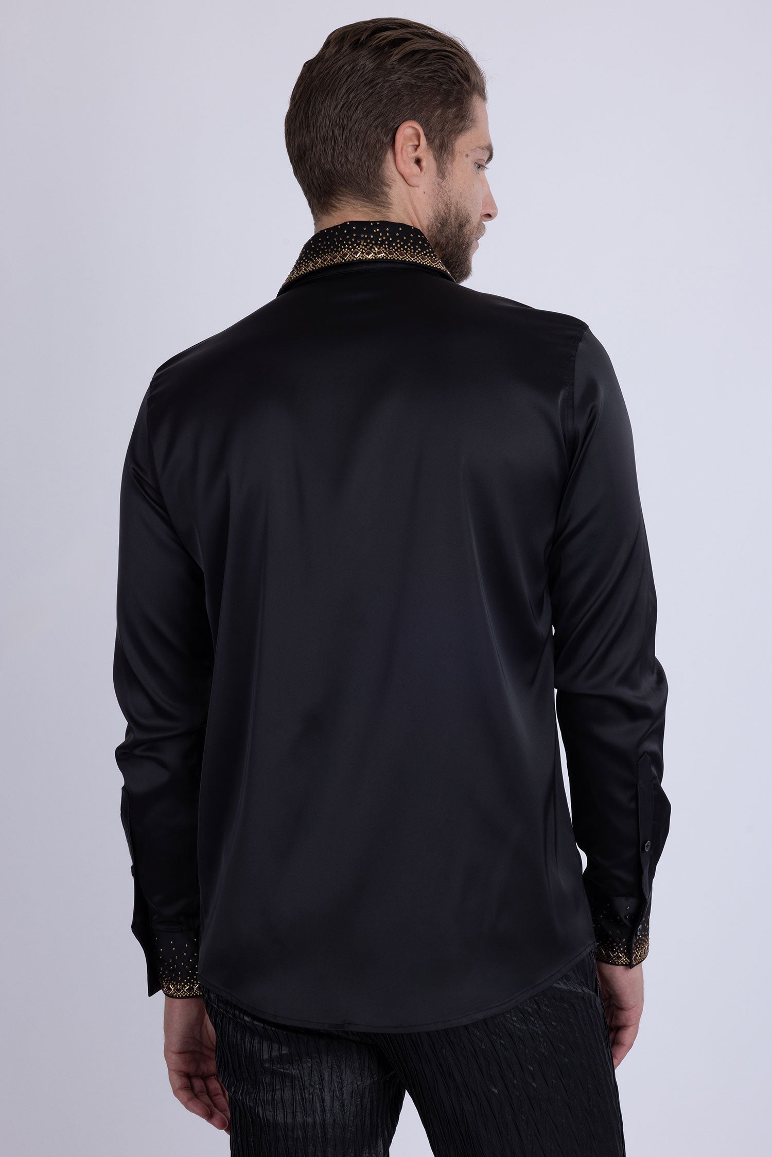 Barabas Men's Rhinestones Collar Stretch Long Sleeve Shirts 5BR21 Black Gold