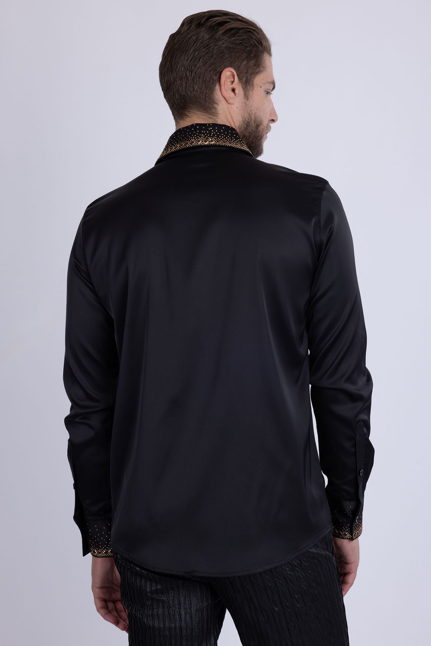 Barabas Men's Rhinestones Collar Stretch Long Sleeve Shirts 5BR21 Black Gold