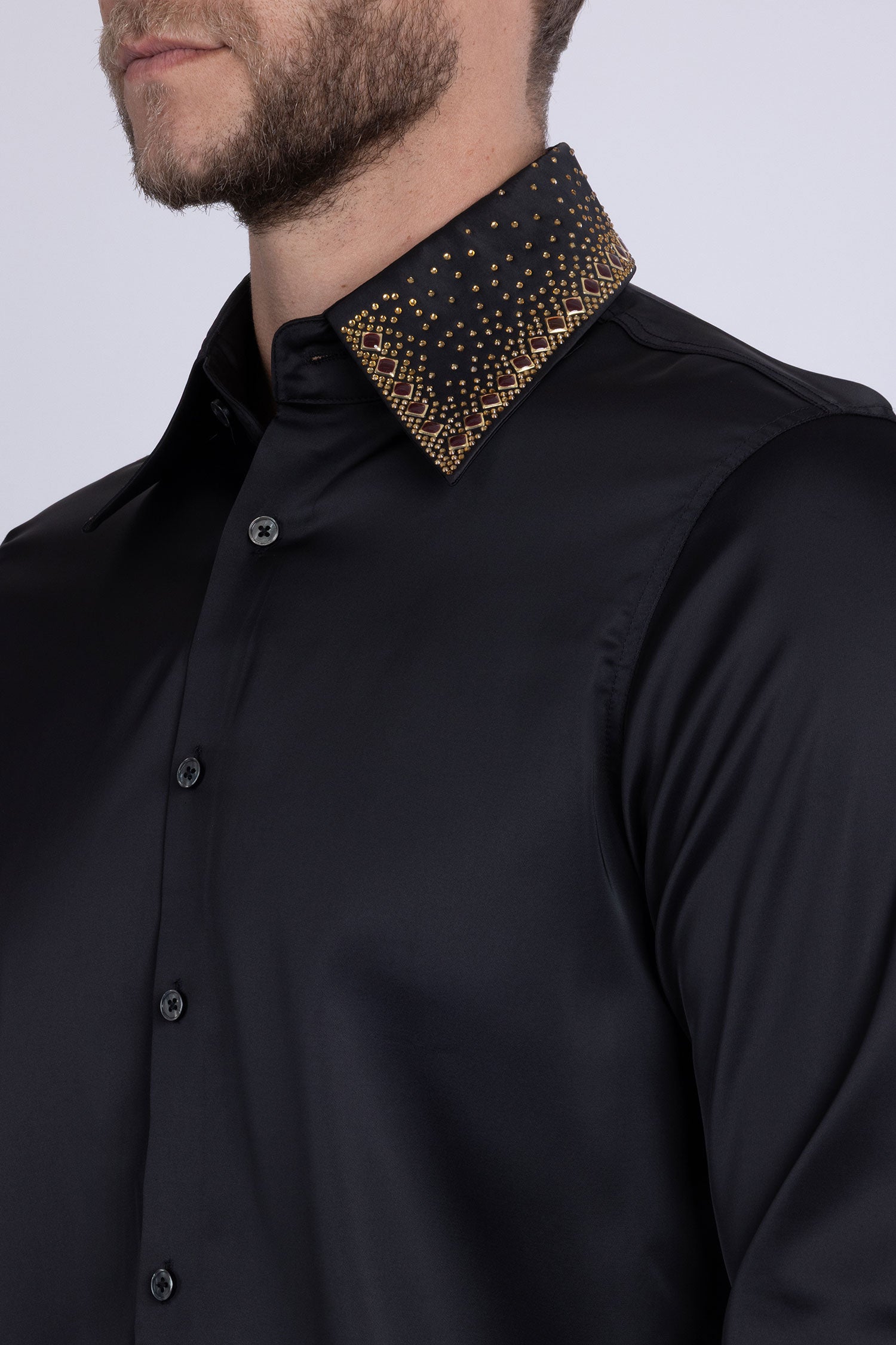 Barabas Men's Rhinestones Collar Stretch Long Sleeve Shirts 5BR21 Black Gold
