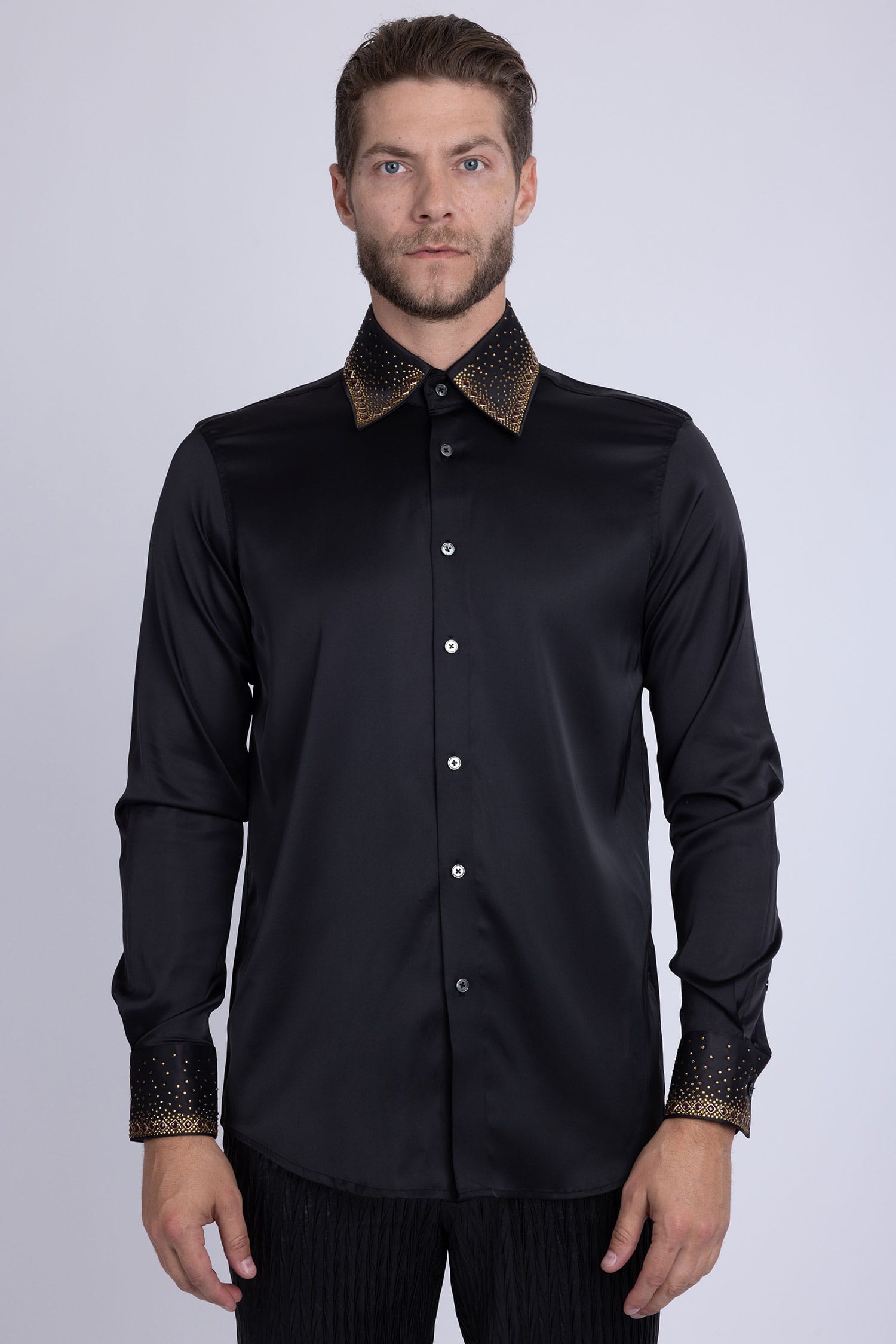 Barabas Men's Rhinestones Collar Stretch Long Sleeve Shirts 5BR21 Black Gold