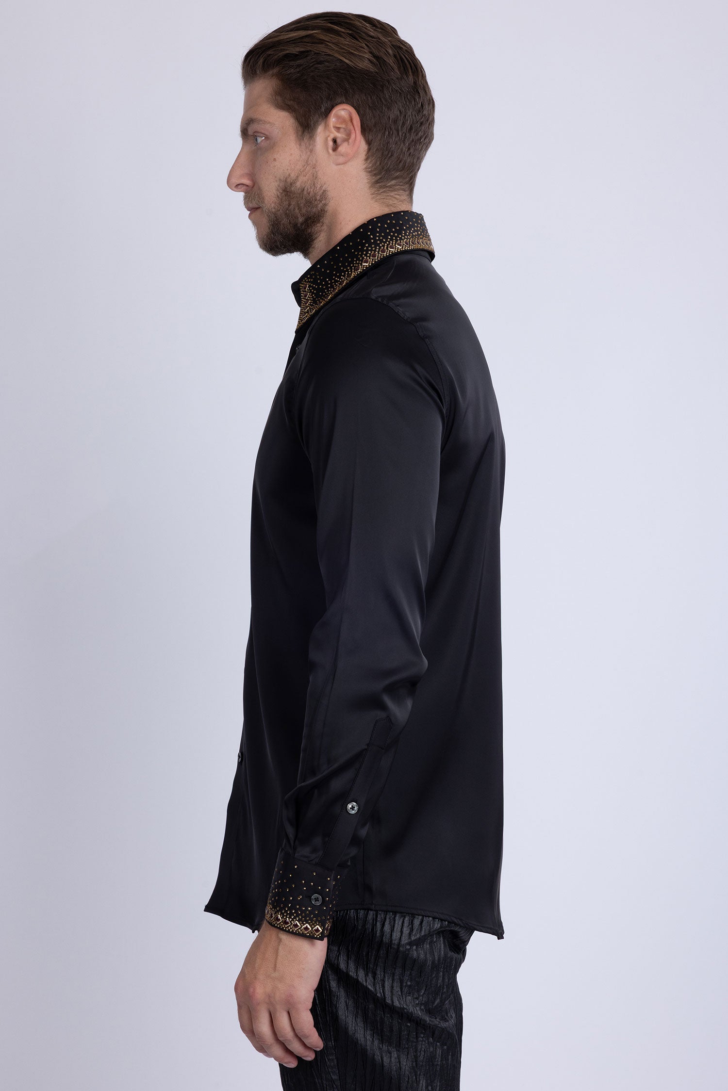 Barabas Men's Rhinestones Collar Stretch Long Sleeve Shirts 5BR21 Black Gold