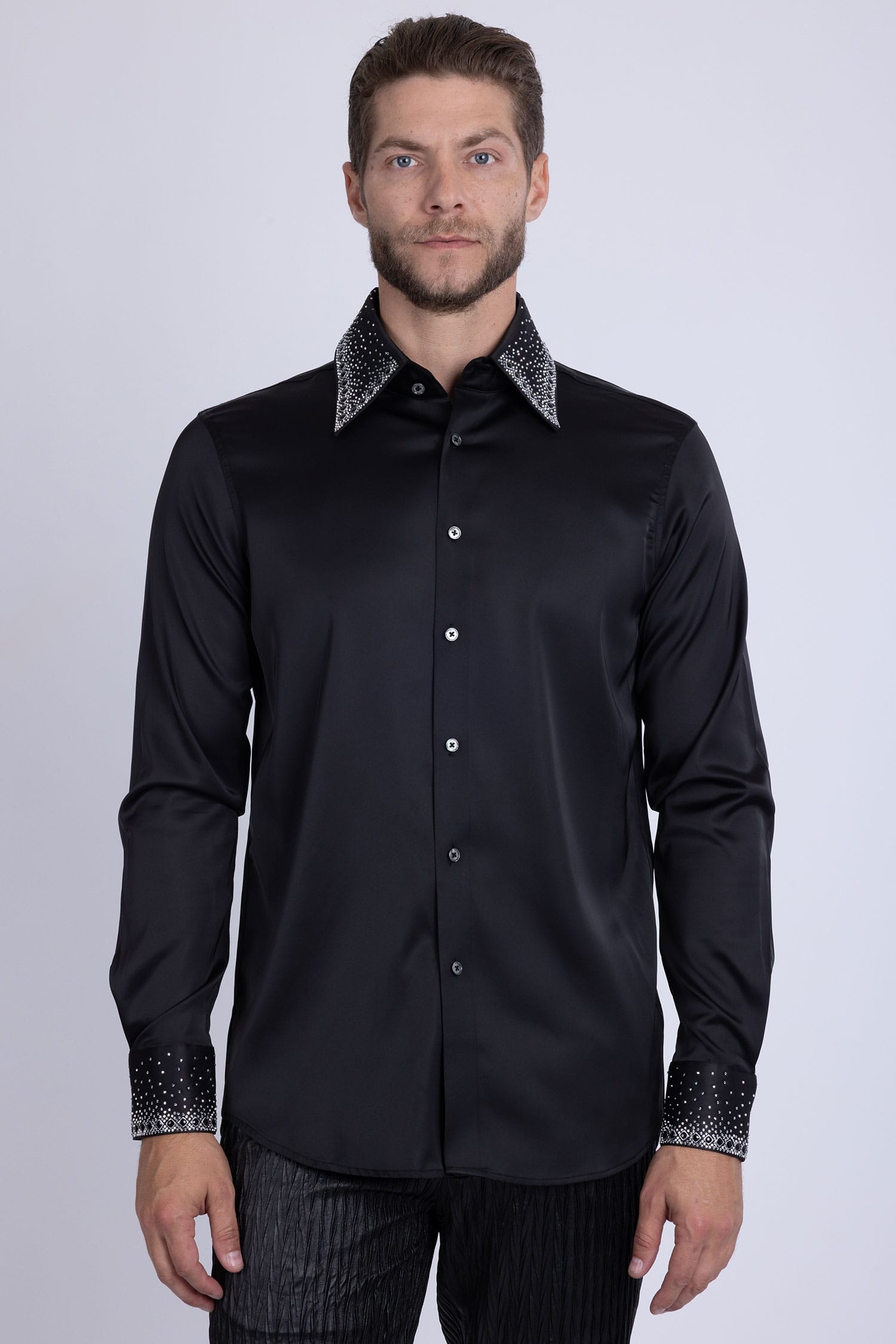 Barabas Men's Rhinestones Collar Stretch Long Sleeve Shirts 5BR21 Black Silver