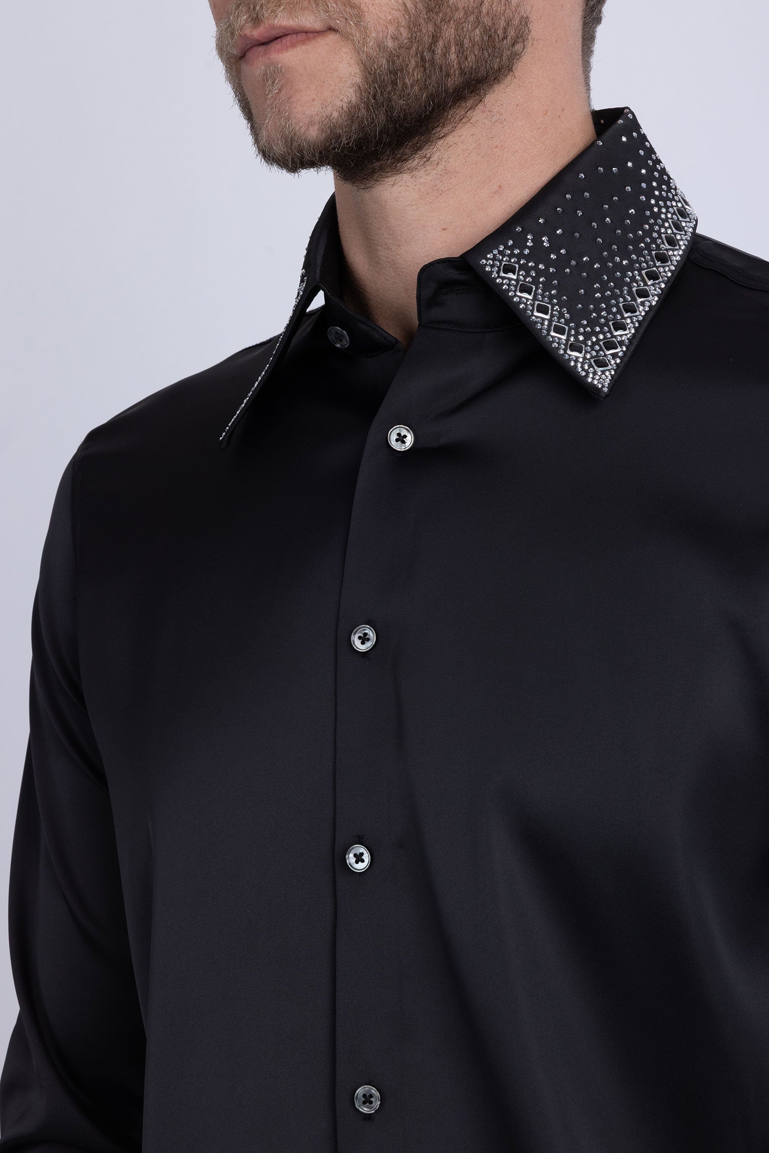 Barabas Men's Rhinestones Collar Stretch Long Sleeve Shirts 5BR21 Black Silver
