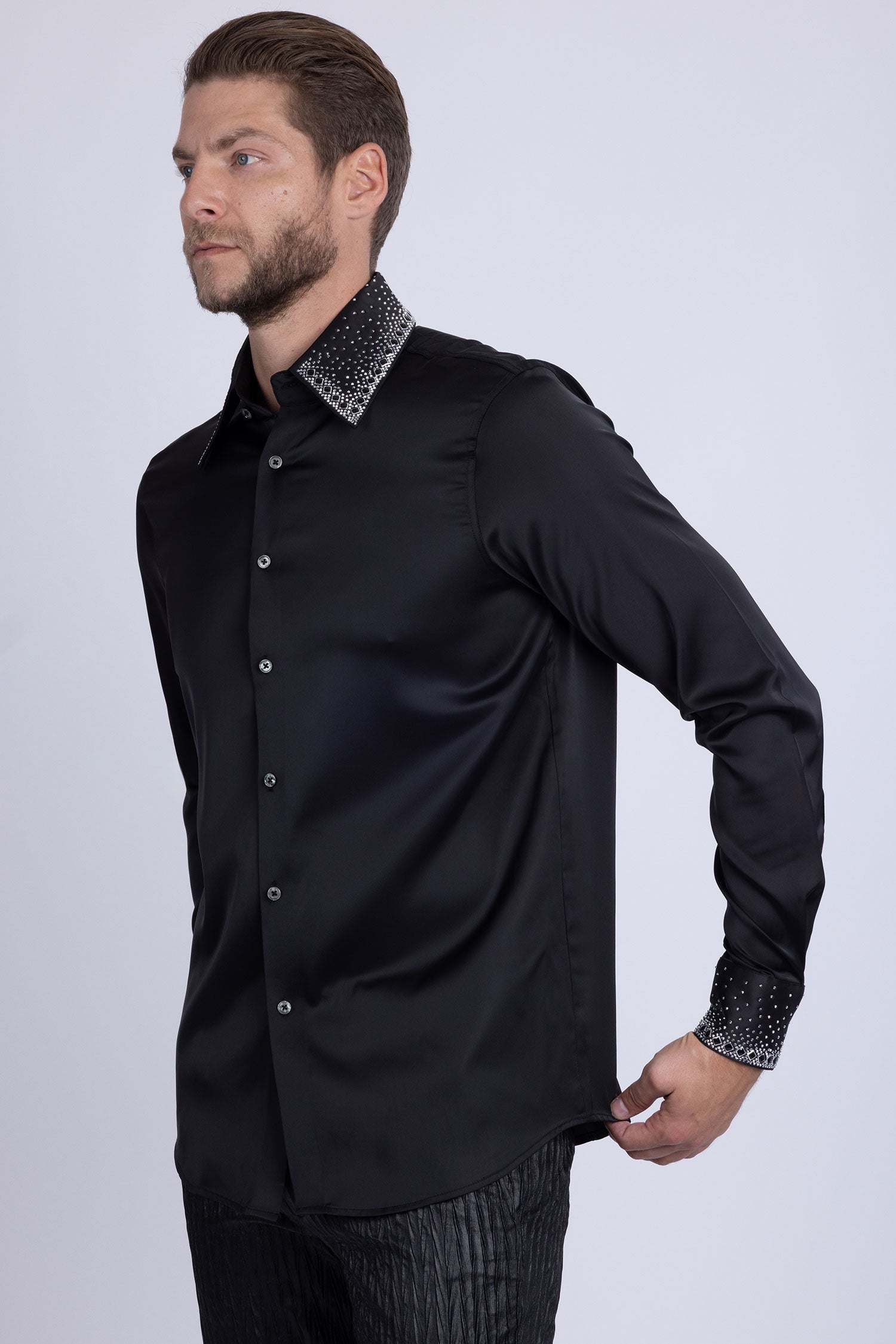 Barabas Men's Rhinestones Collar Stretch Long Sleeve Shirts 5BR21 Black Silver