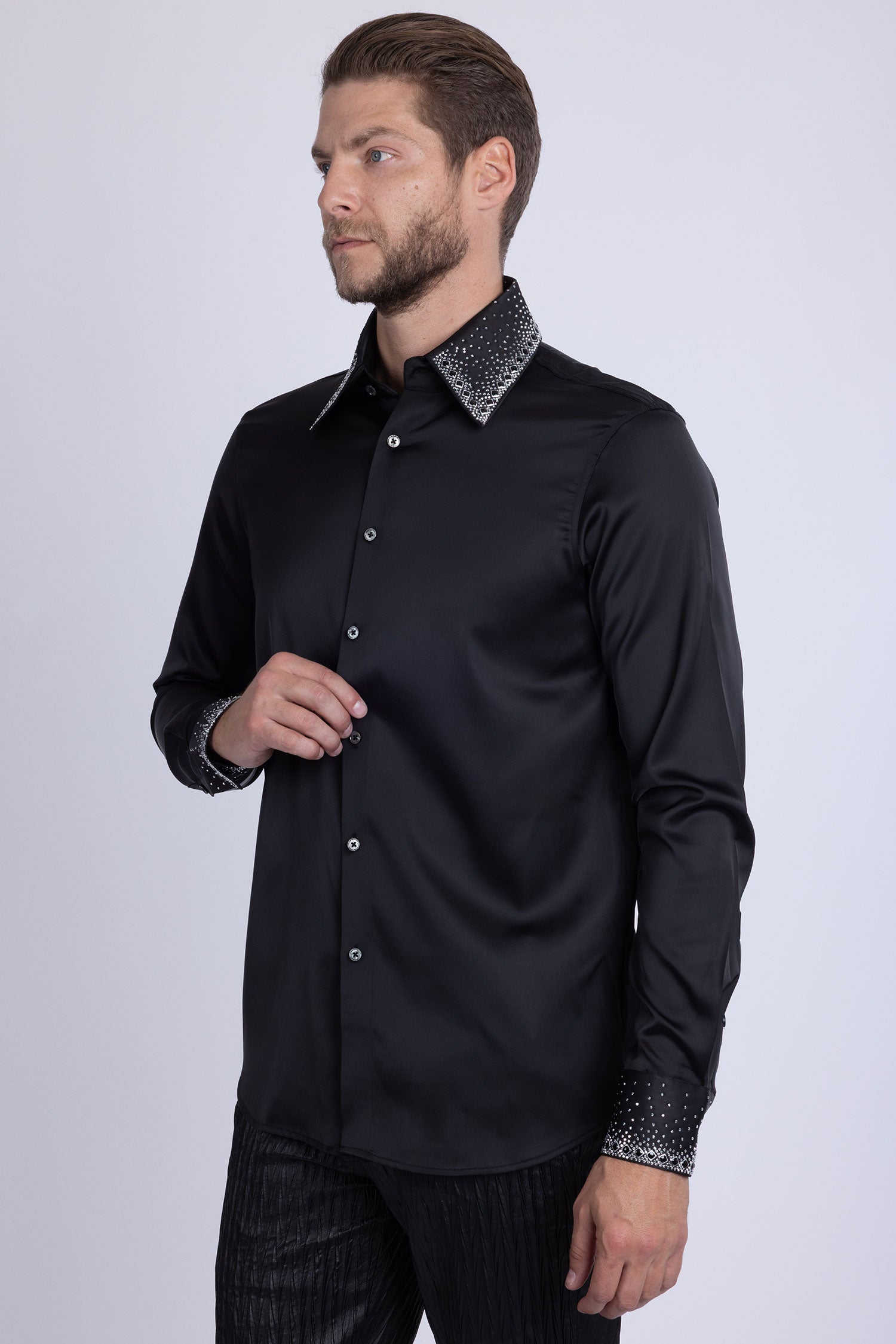 Barabas Men's Rhinestones Collar Stretch Long Sleeve Shirts 5BR21 Black Silver