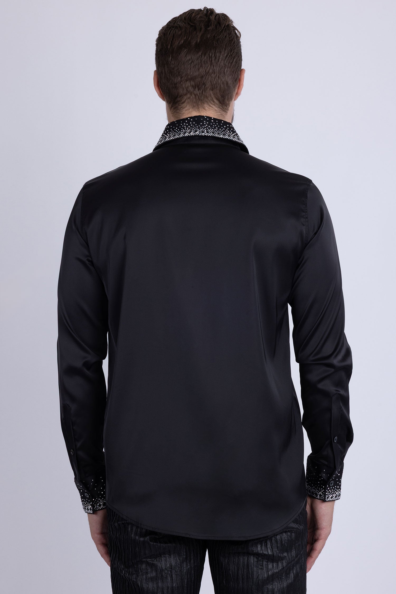 Barabas Men's Rhinestones Collar Stretch Long Sleeve Shirts 5BR21 Black Silver