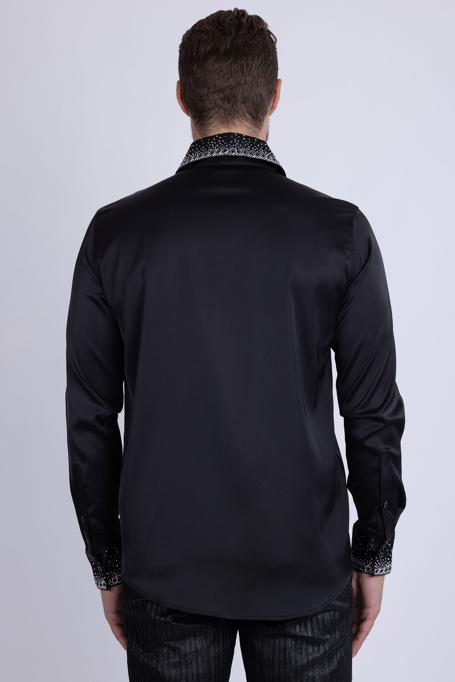 Barabas Men's Rhinestones Collar Stretch Long Sleeve Shirts 5BR21 Black Silver