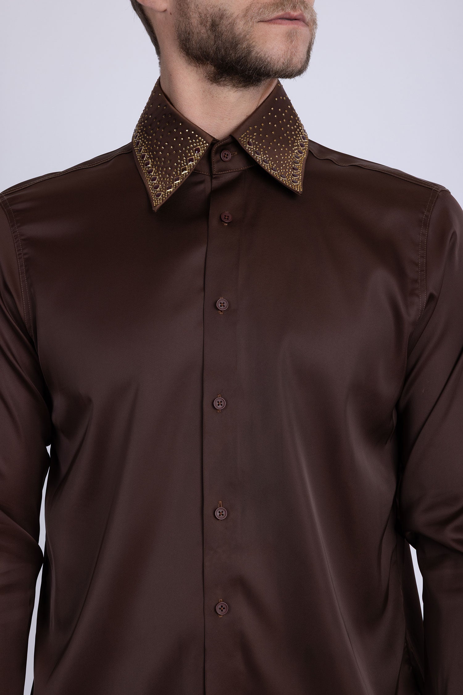 Barabas Men's Rhinestones Collar Stretch Long Sleeve Shirts 5BR21 Brown Gold