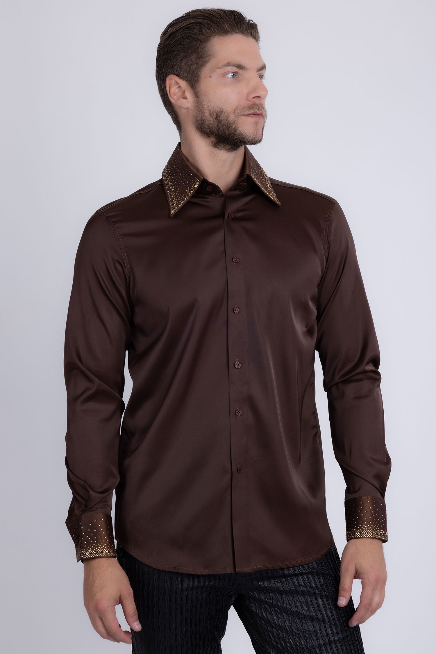 Barabas Men's Rhinestones Collar Stretch Long Sleeve Shirts 5BR21 Brown Gold