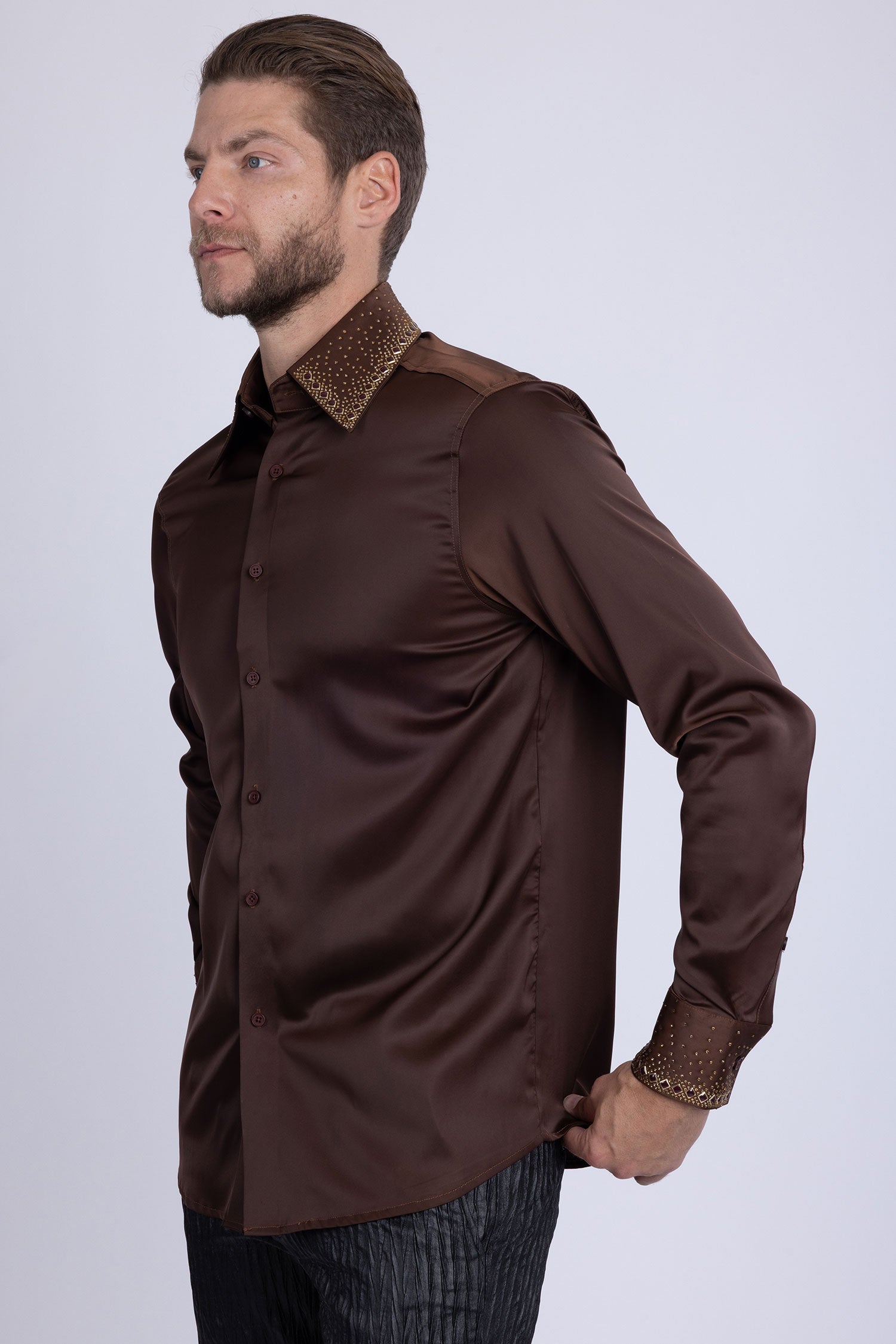 Barabas Men's Rhinestones Collar Stretch Long Sleeve Shirts 5BR21 Brown Gold