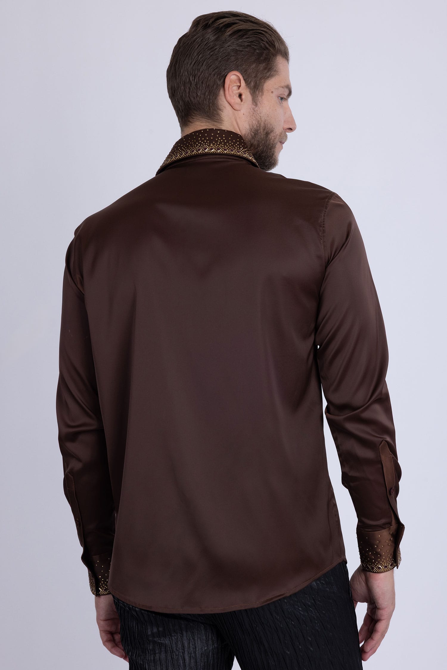 Barabas Men's Rhinestones Collar Stretch Long Sleeve Shirts 5BR21 Brown Gold