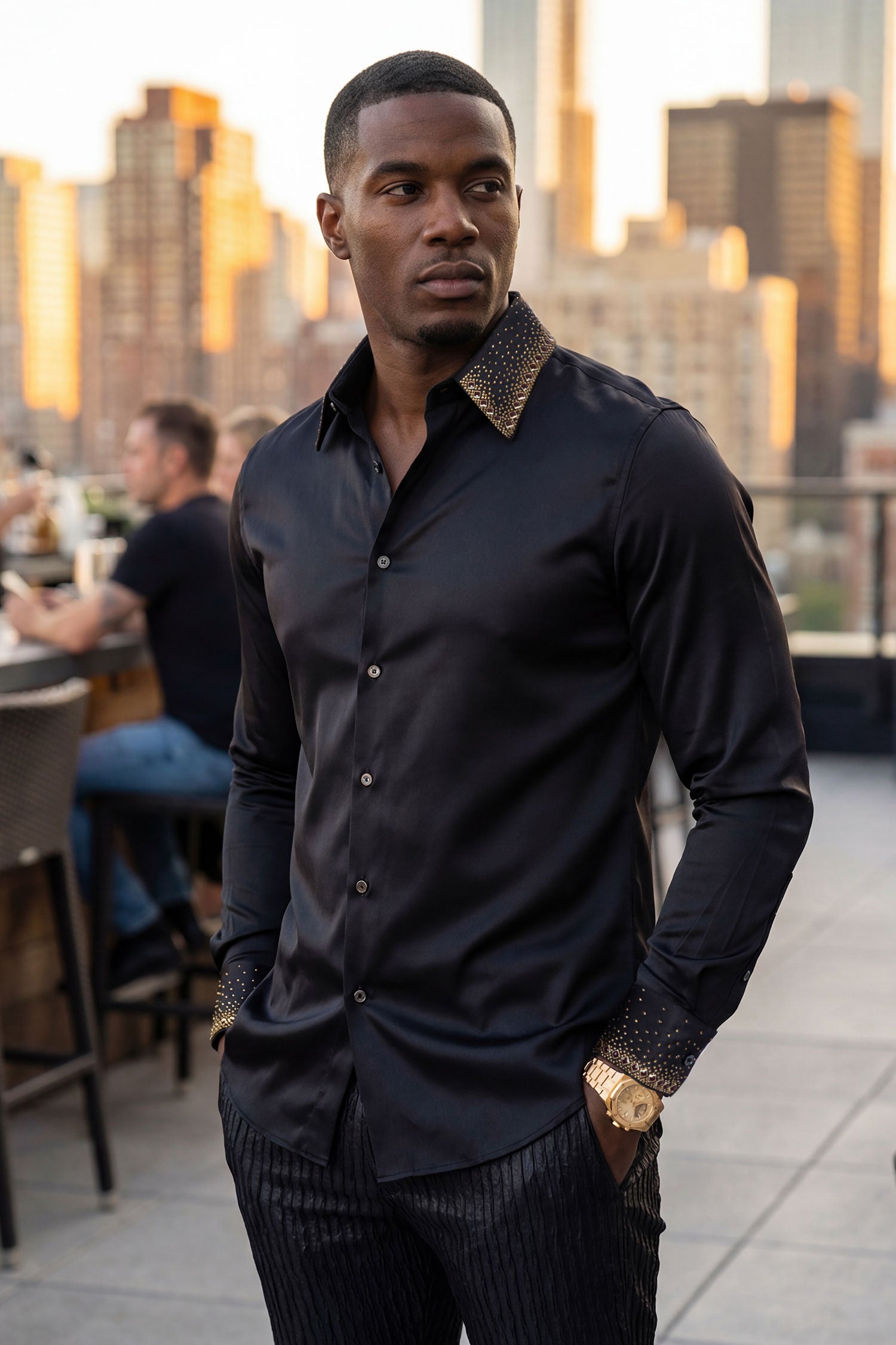 Barabas Men's Rhinestones Collar Stretch Long Sleeve Shirts 5BR21 Black Gold