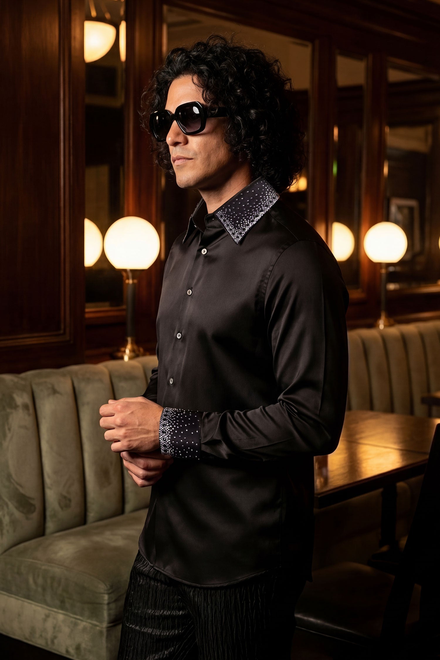 Barabas Men's Rhinestones Collar Stretch Long Sleeve Shirts 5BR21 Black Silver