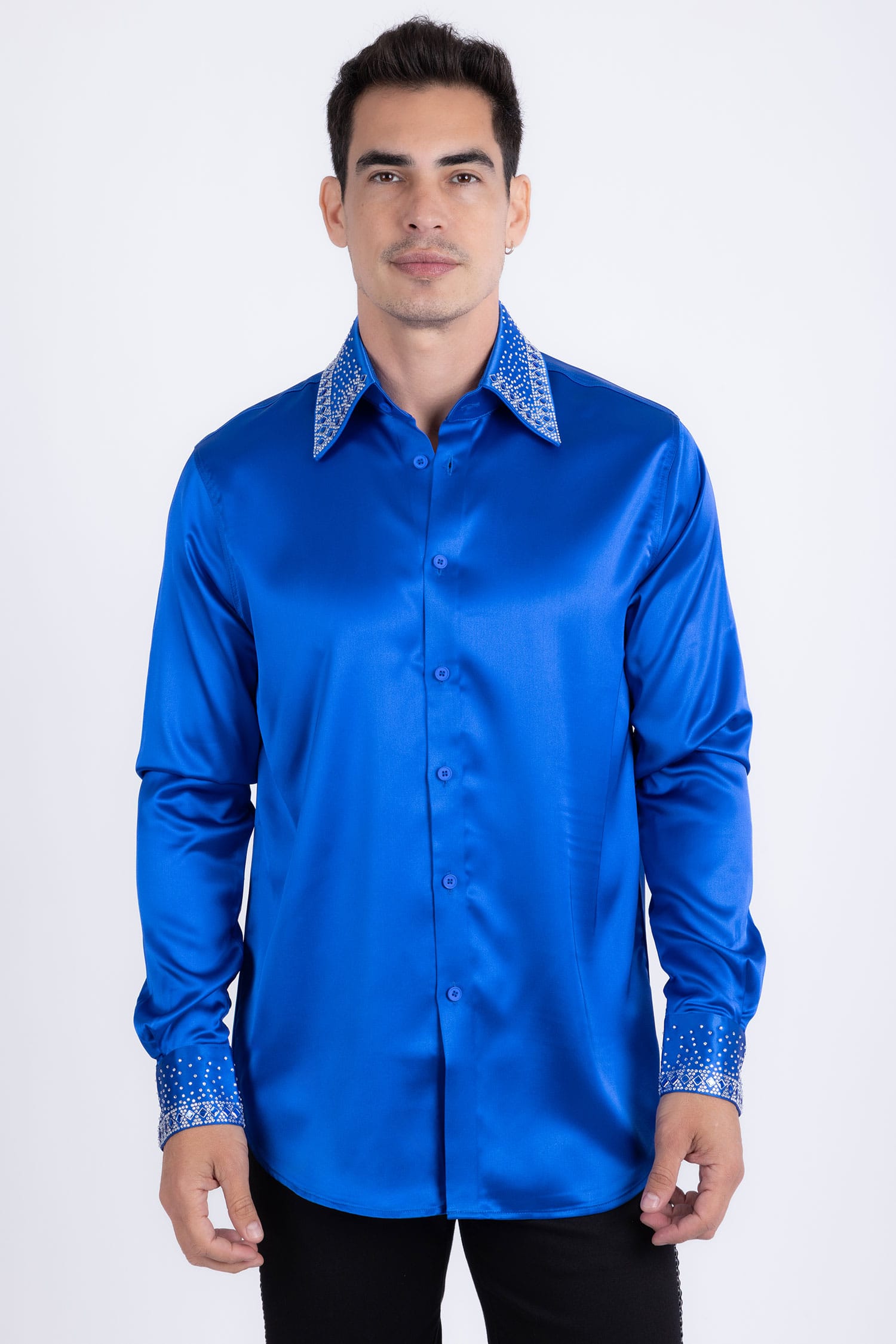 Barabas Men's Rhinestones Collar Stretch Long Sleeve Shirts 5BR21 Silver Blue