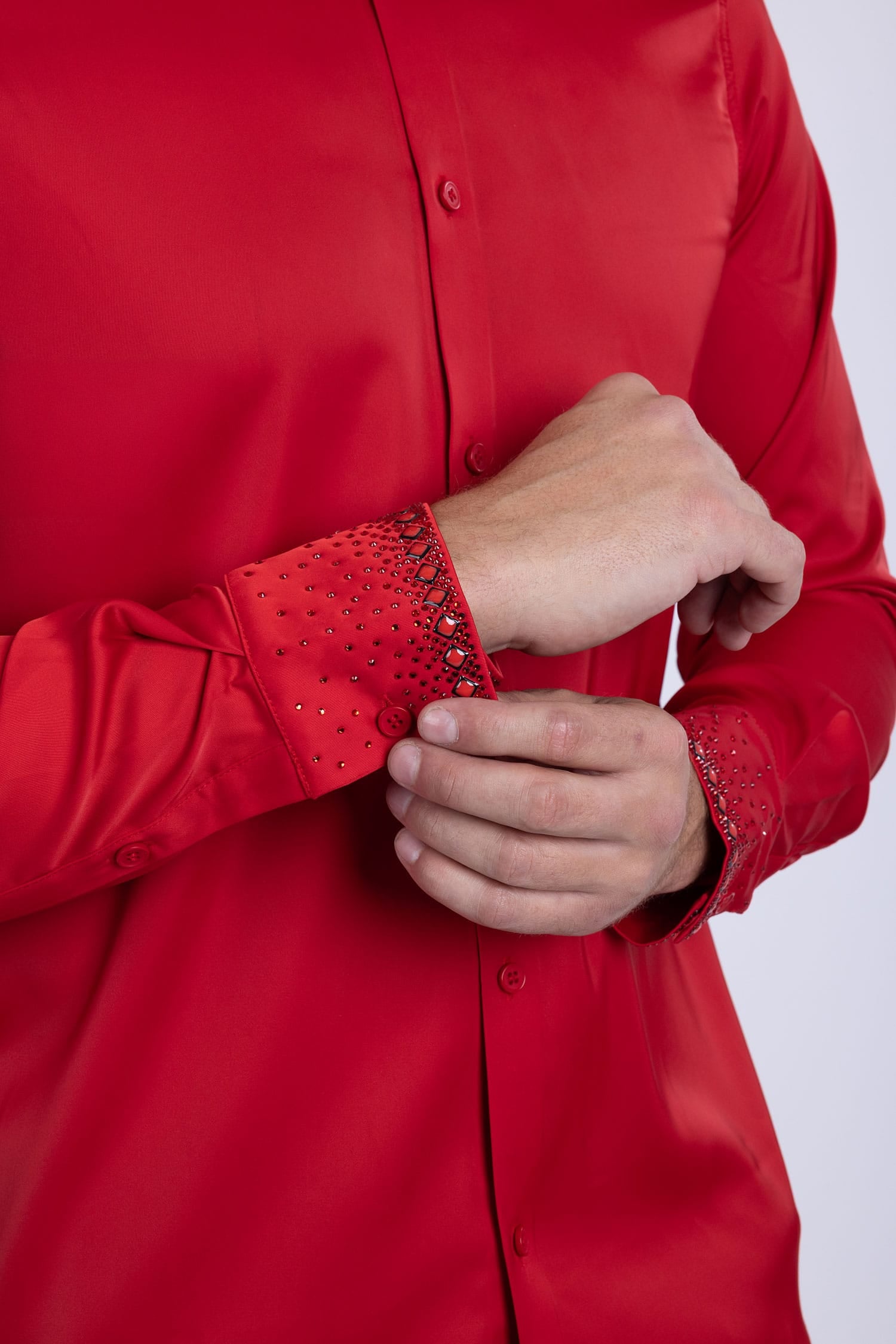 Barabas Men's Rhinestones Collar Stretch Long Sleeve Shirts 5BR21 Red