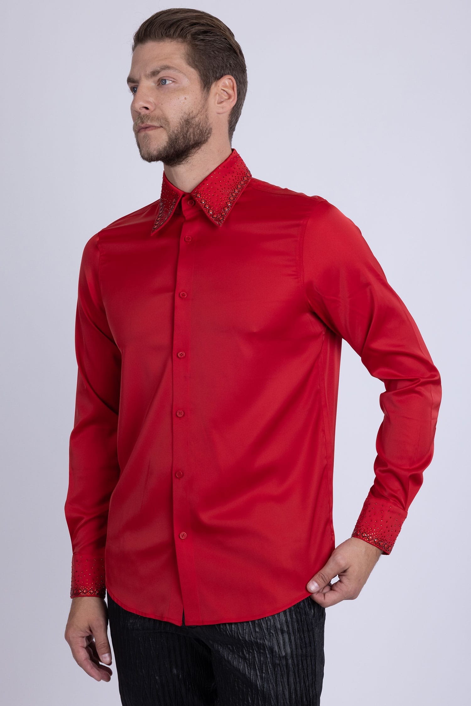 Barabas Men's Rhinestones Collar Stretch Long Sleeve Shirts 5BR21 Red