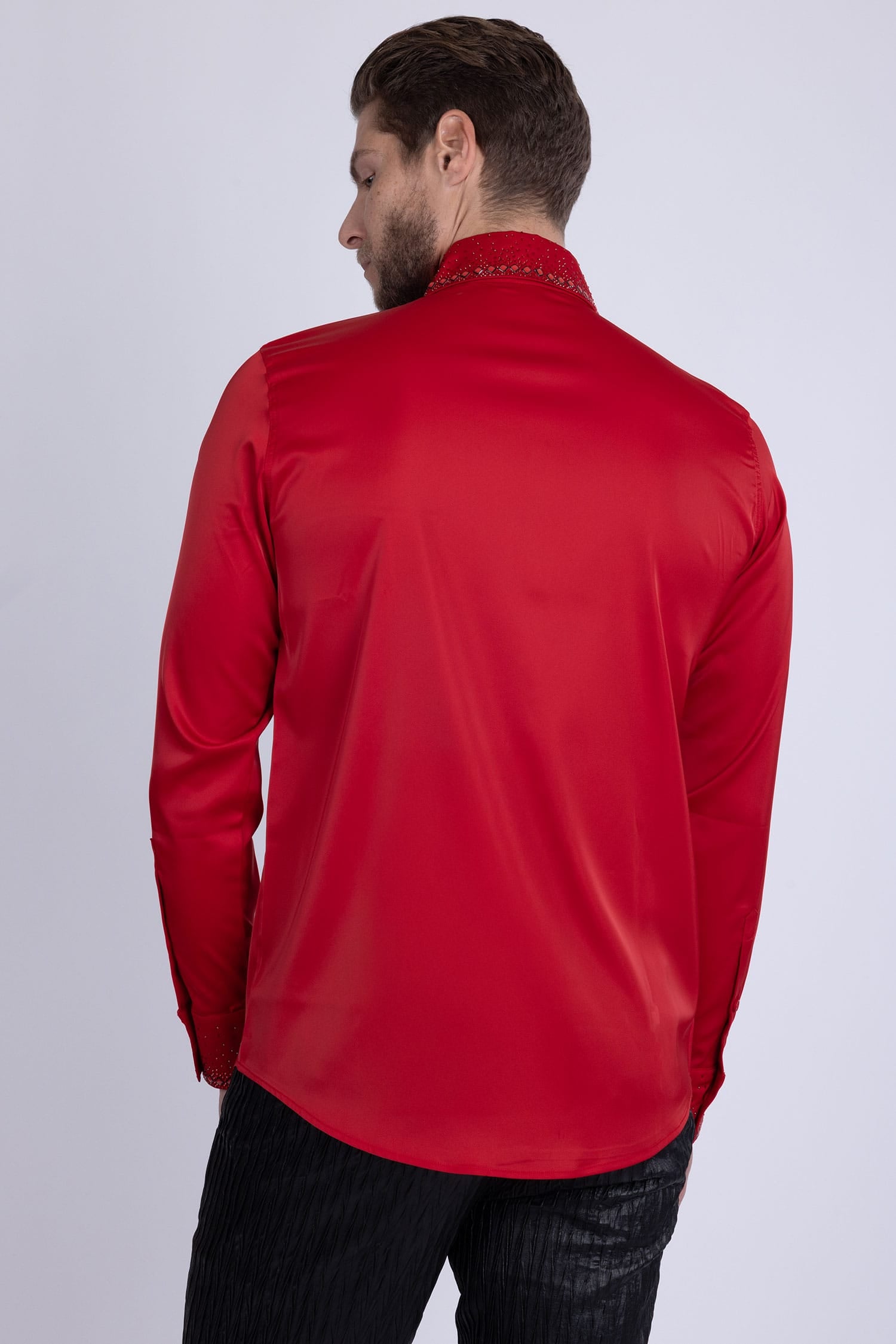 Barabas Men's Rhinestones Collar Stretch Long Sleeve Shirts 5BR21 Red