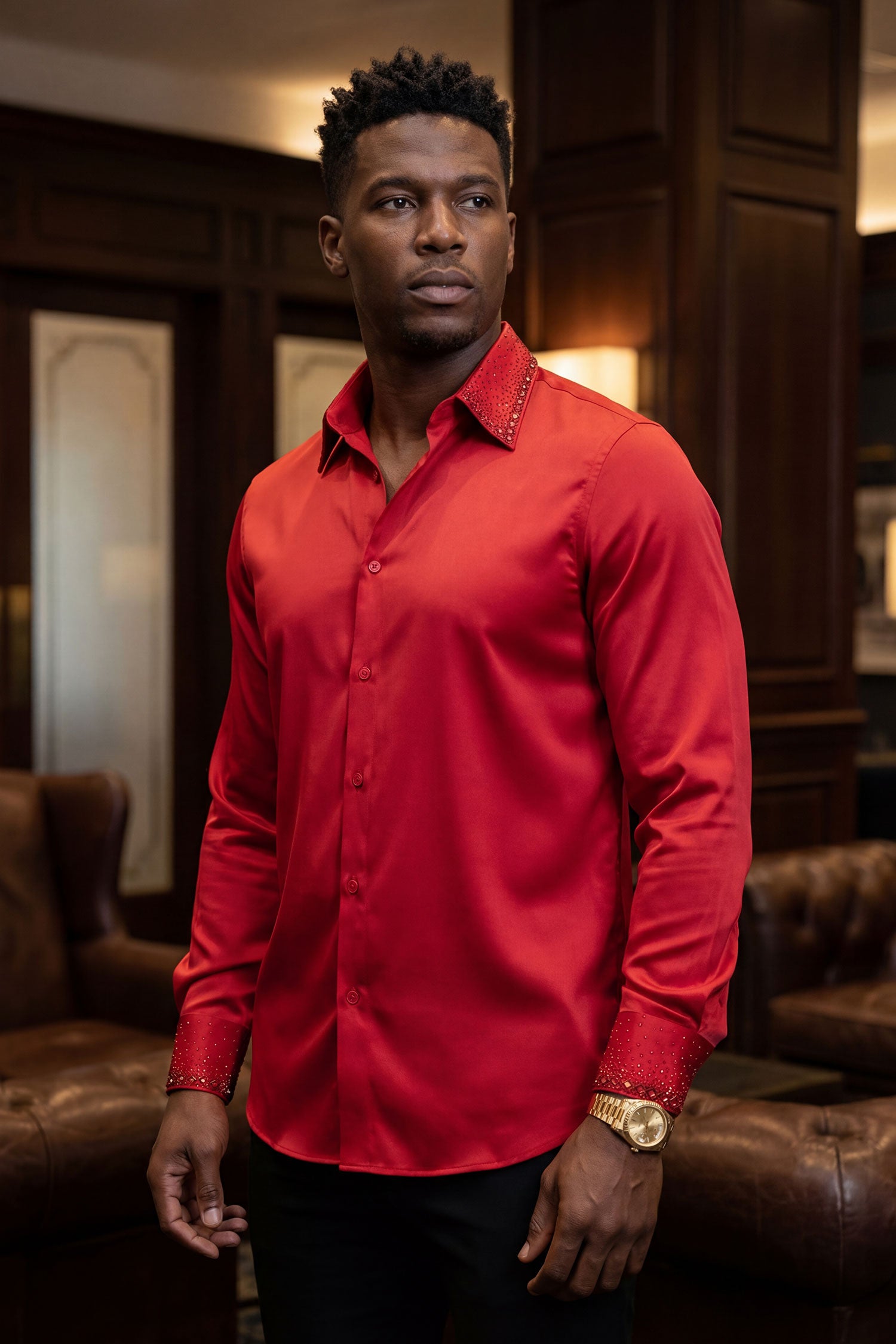 Barabas Men's Rhinestones Collar Stretch Long Sleeve Shirts 5BR21 Red