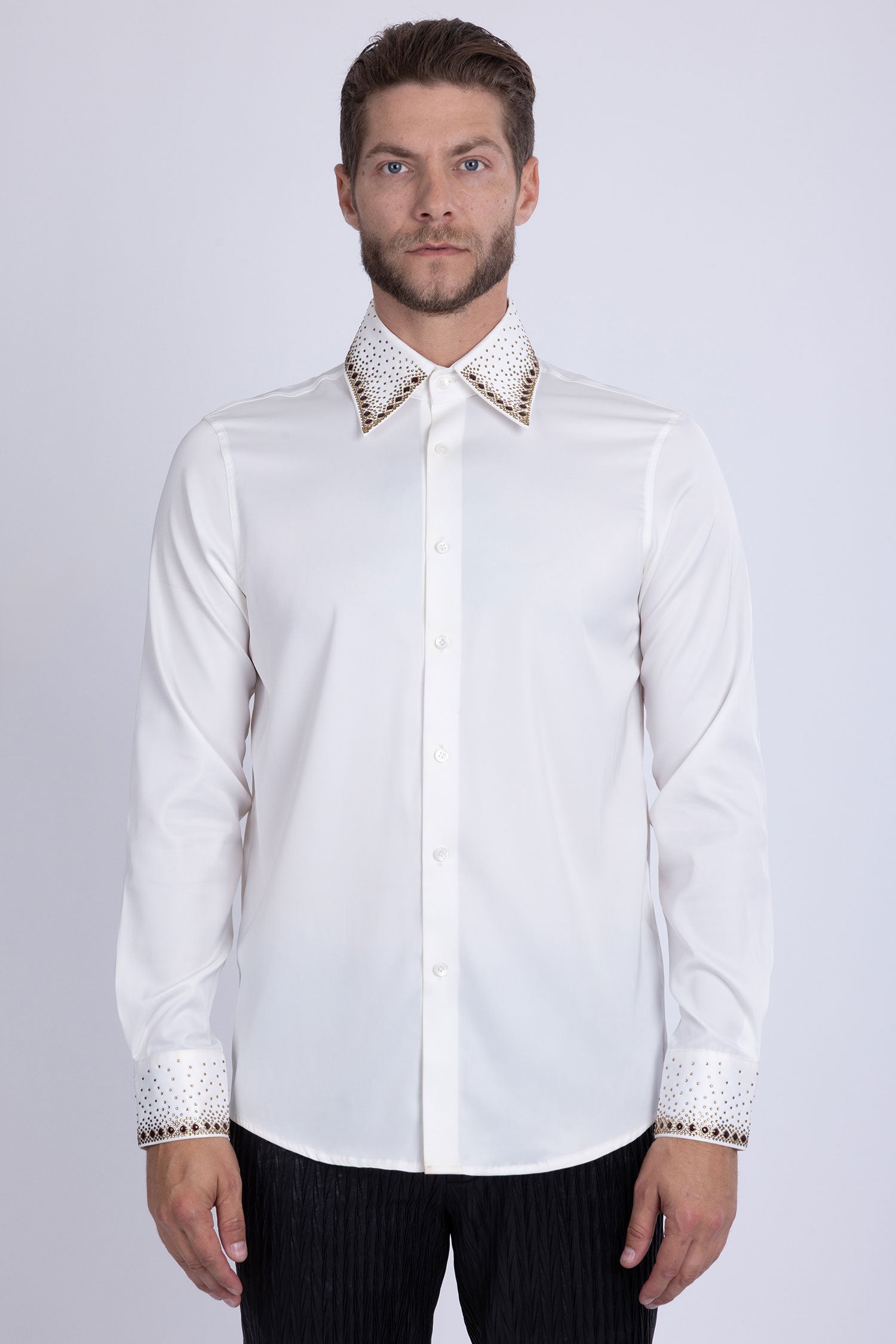 Barabas Men's Rhinestones Collar Stretch Long Sleeve Shirts 5BR21 White Gold