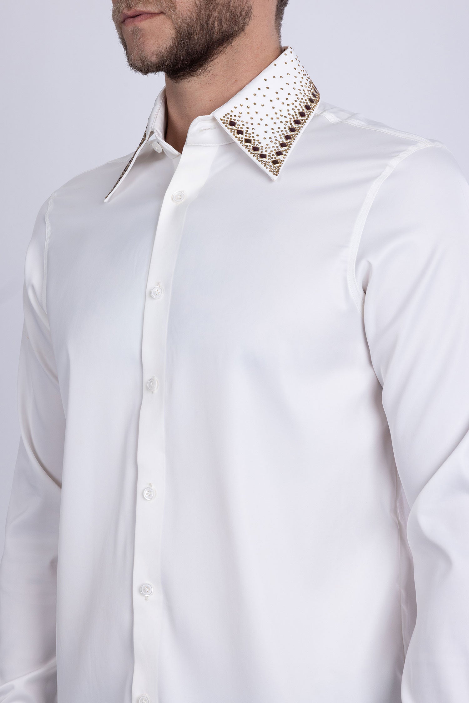 Barabas Men's Rhinestones Collar Stretch Long Sleeve Shirts 5BR21 White Gold