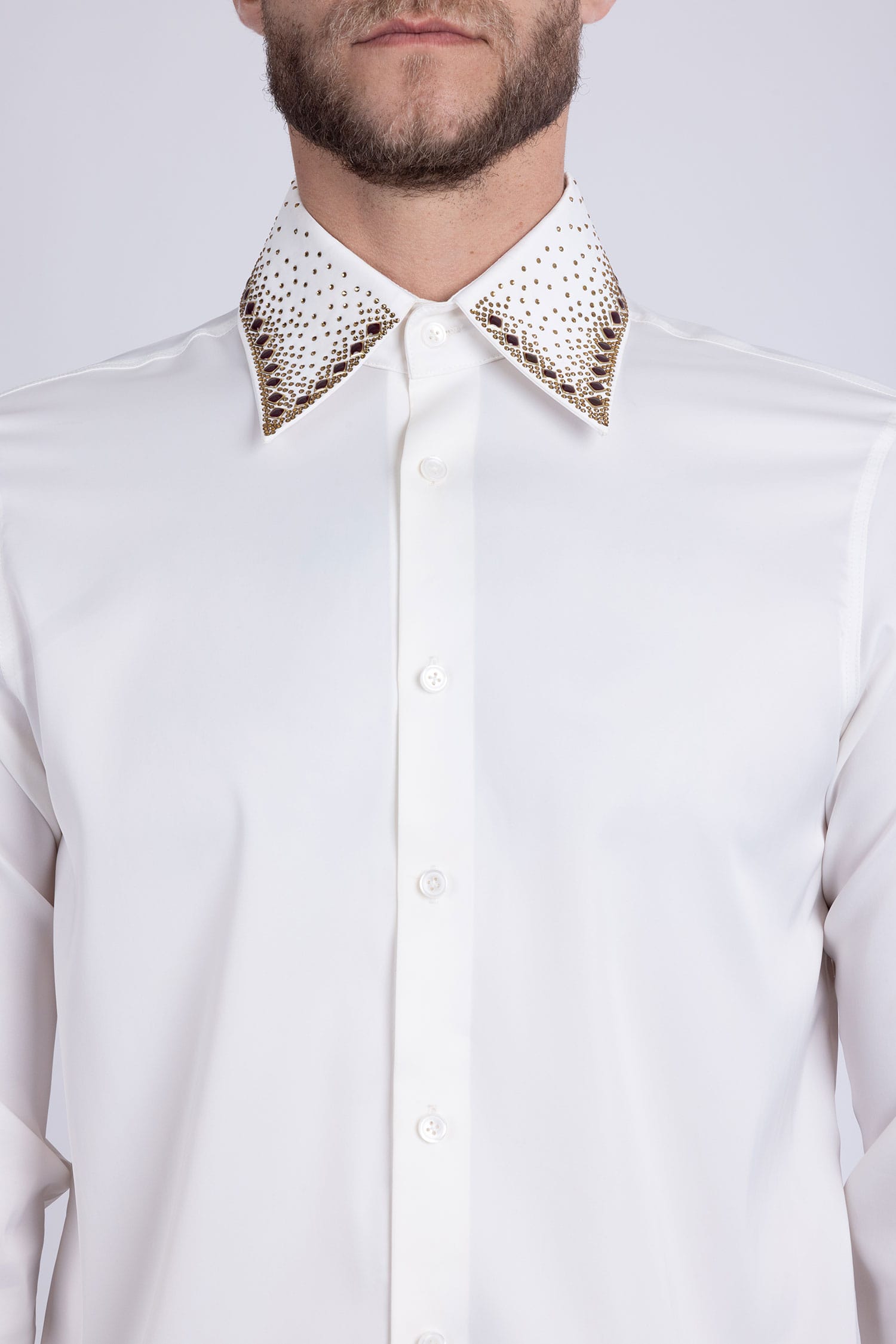Barabas Men's Rhinestones Collar Stretch Long Sleeve Shirts 5BR21 White Gold