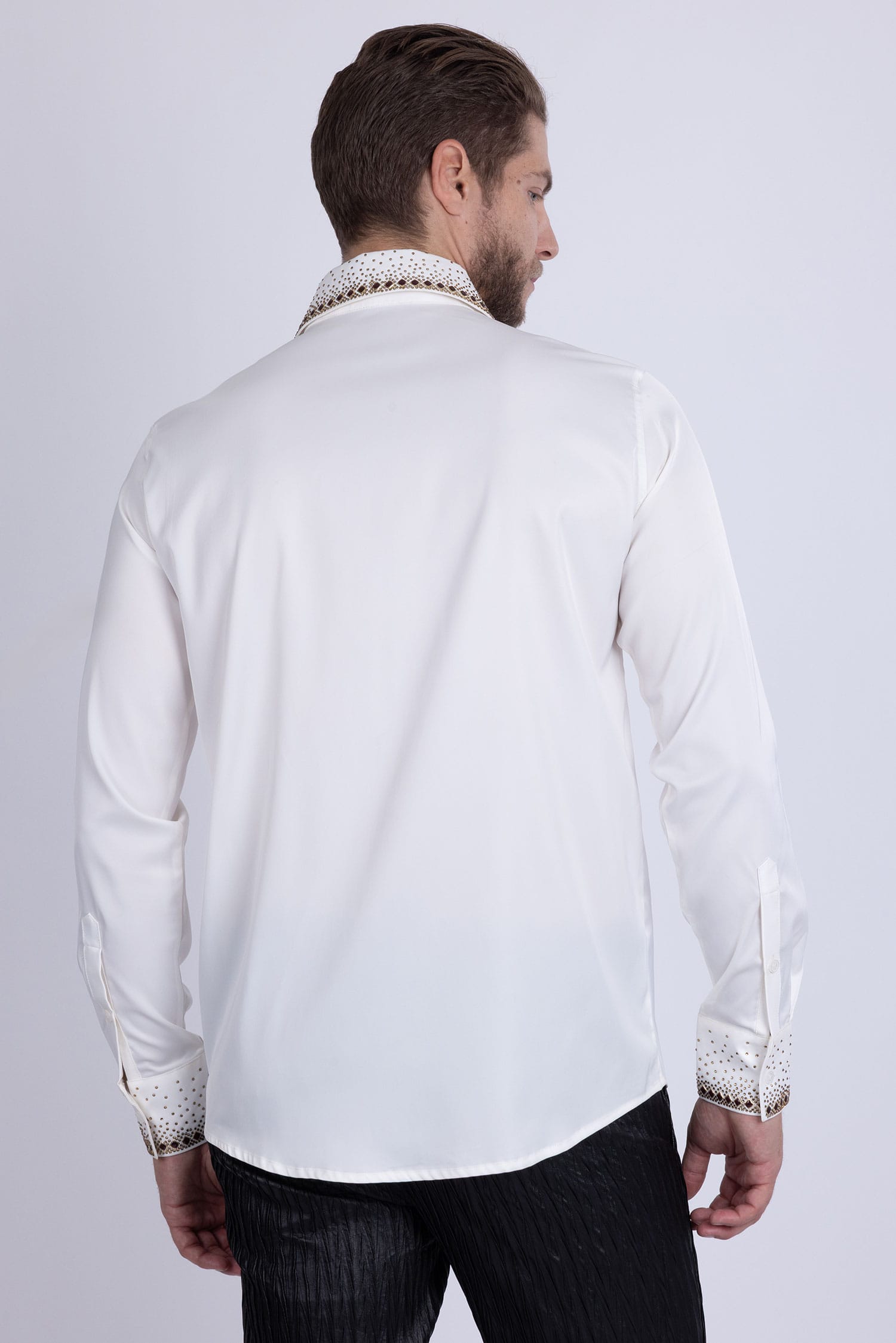 Barabas Men's Rhinestones Collar Stretch Long Sleeve Shirts 5BR21 White Gold