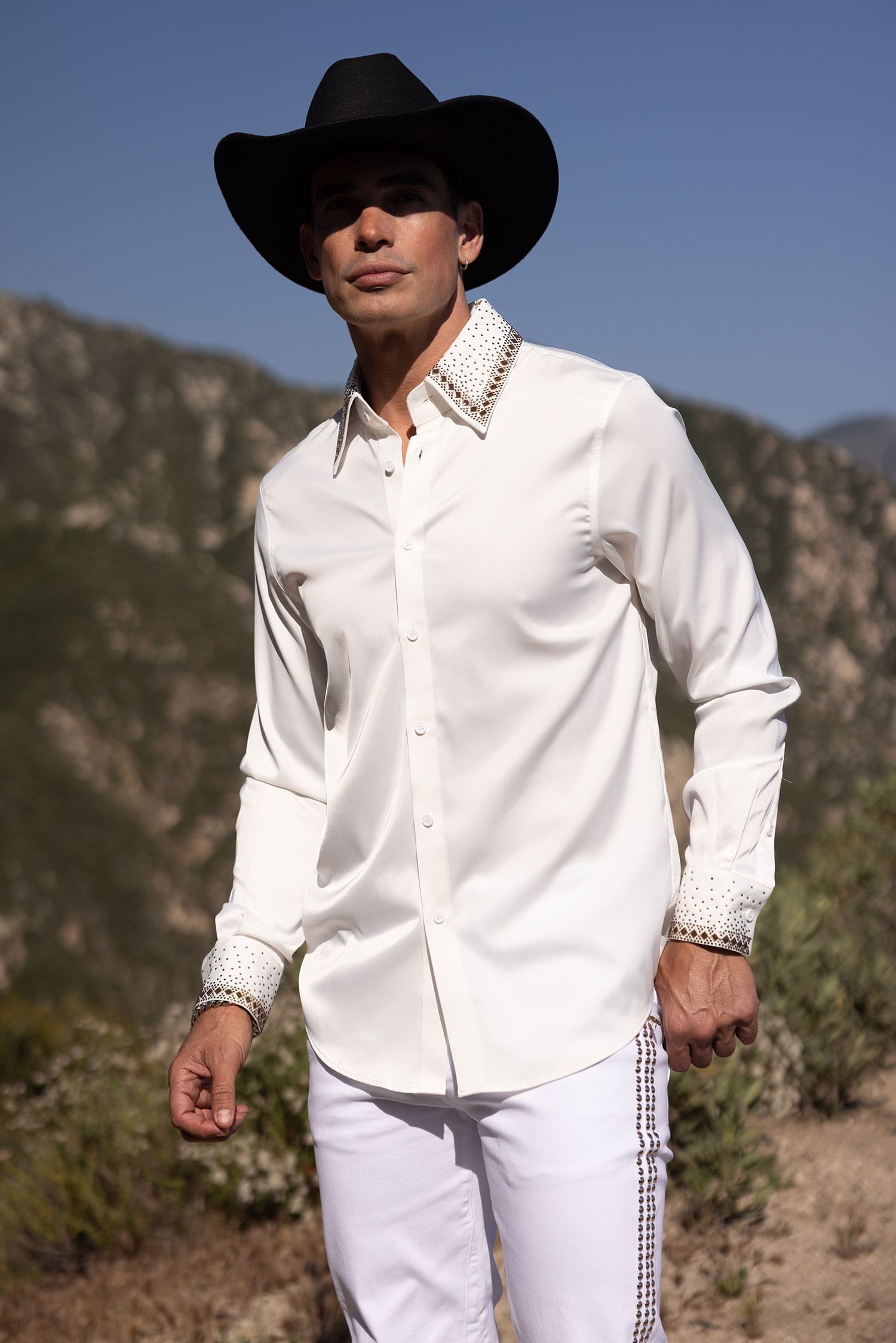 Barabas Men's Rhinestones Collar Stretch Long Sleeve Shirts 5BR21 White