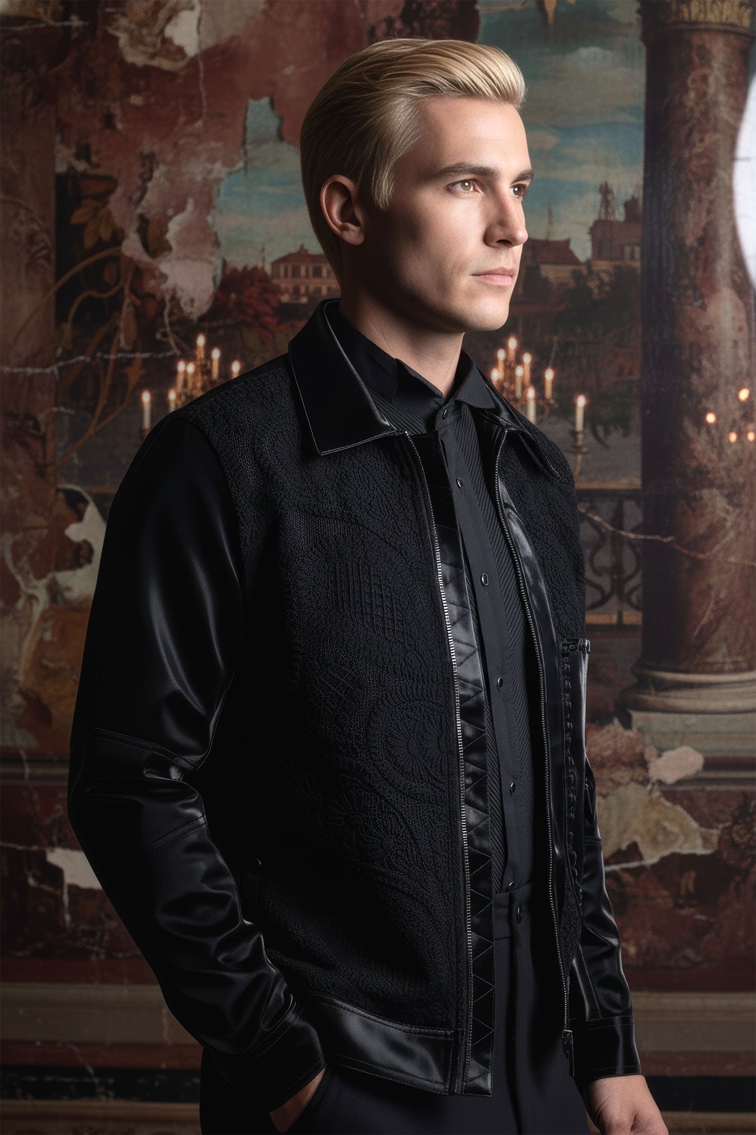 Barabas Men's Solid Color Embroidered Shiny Bomber Jacket 5C01 Black