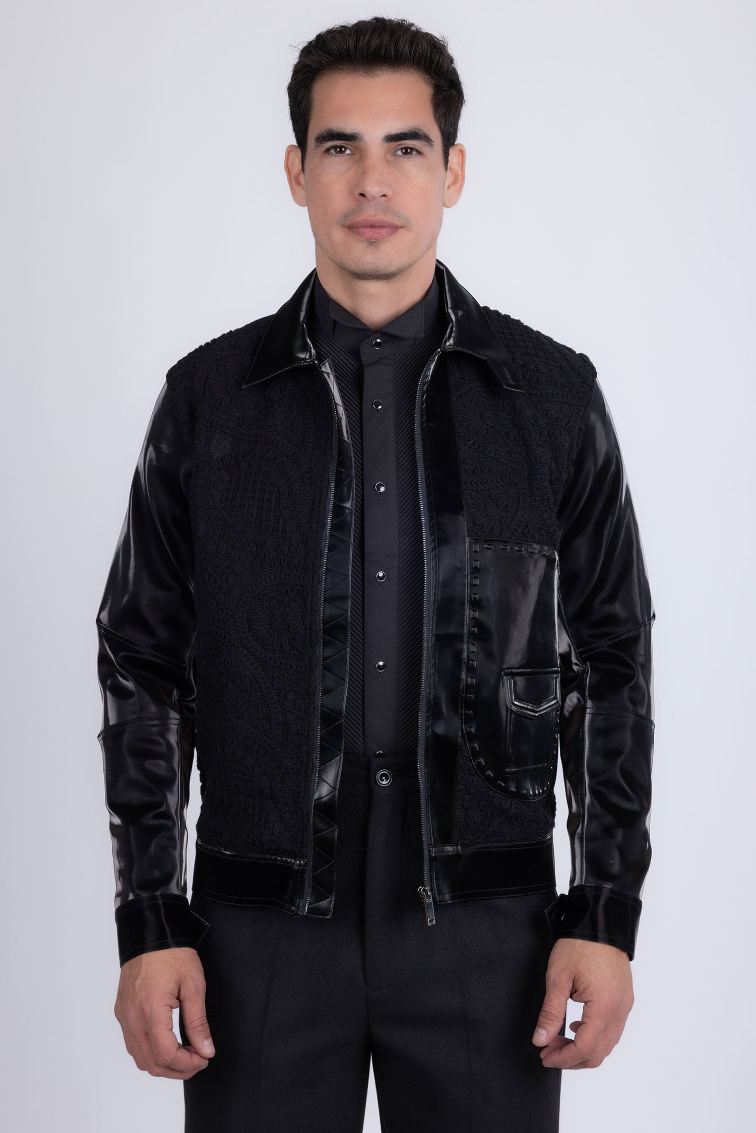 Barabas Men's Solid Color Embroidered Shiny Bomber Jacket 5C01 Black