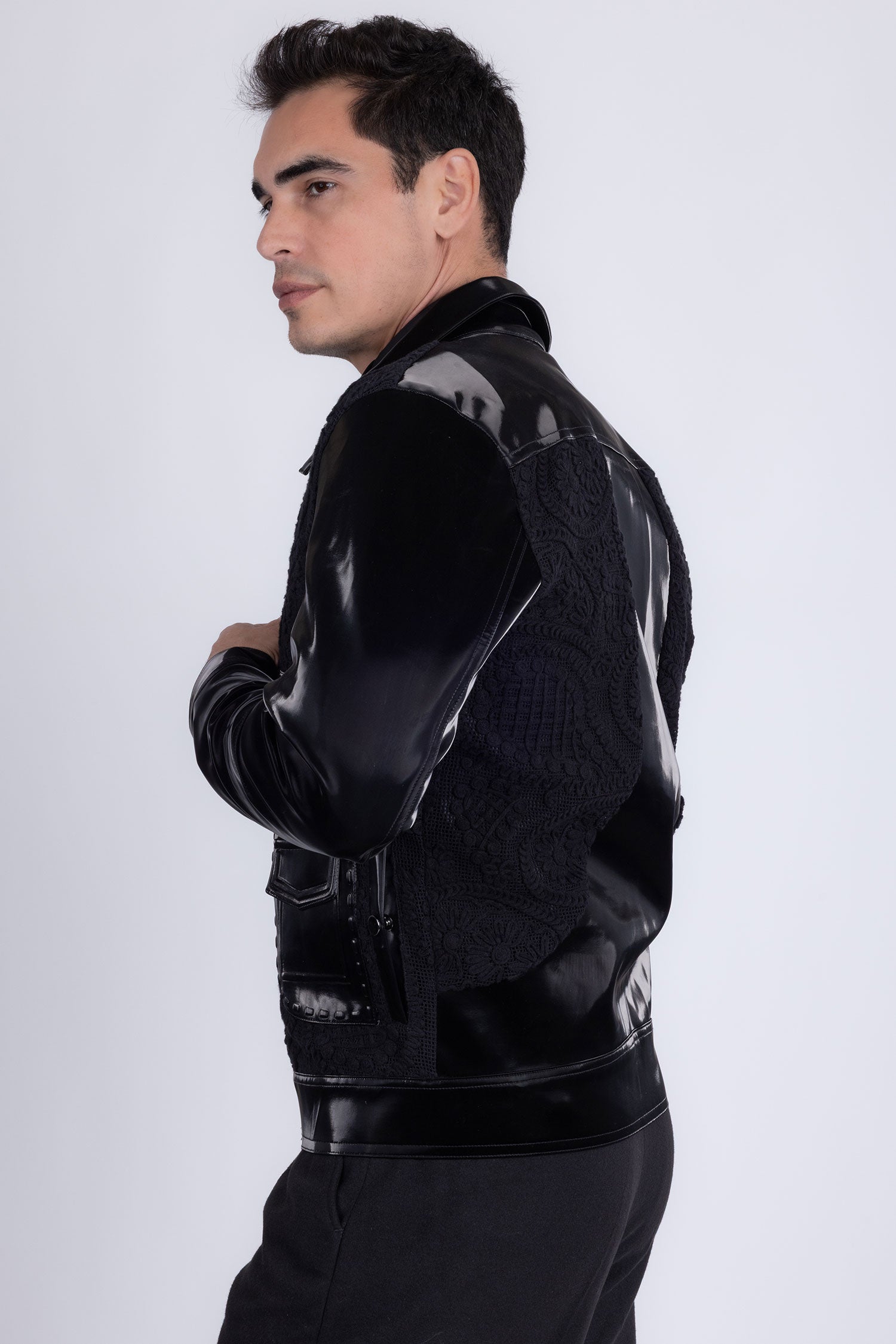 Barabas Men's Solid Color Embroidered Shiny Bomber Jacket 5C01 Black