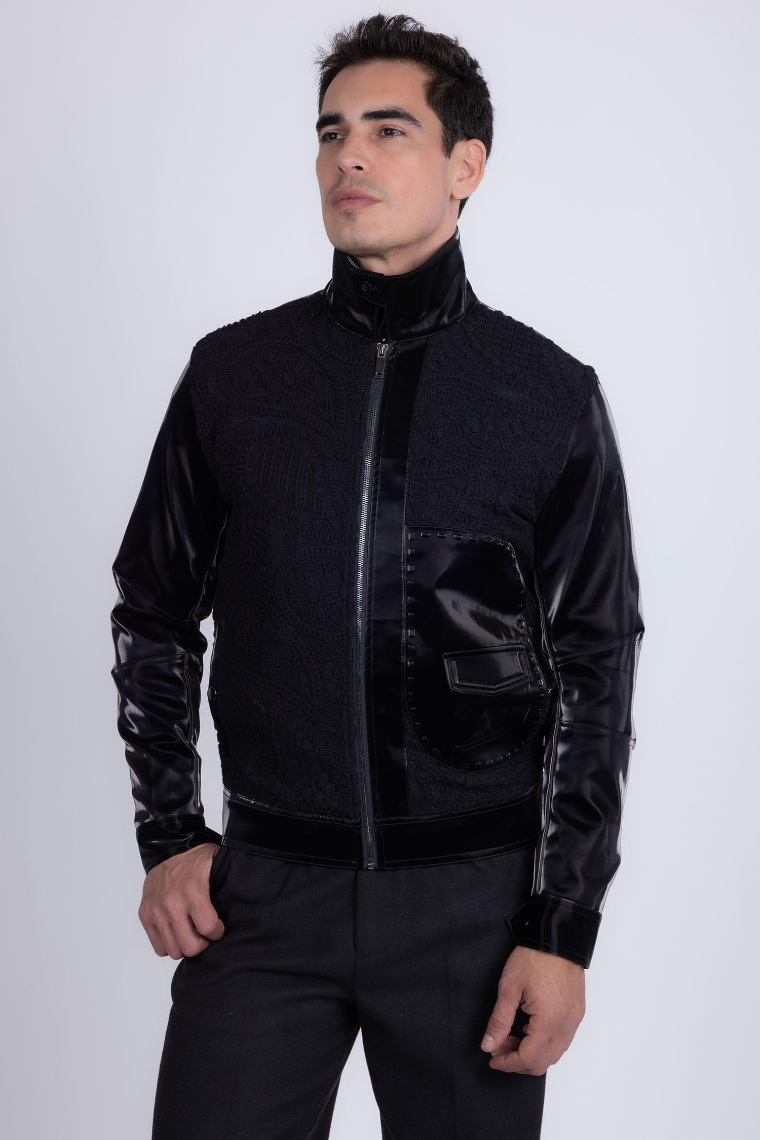 Barabas Men's Solid Color Embroidered Shiny Bomber Jacket 5C01 Black
