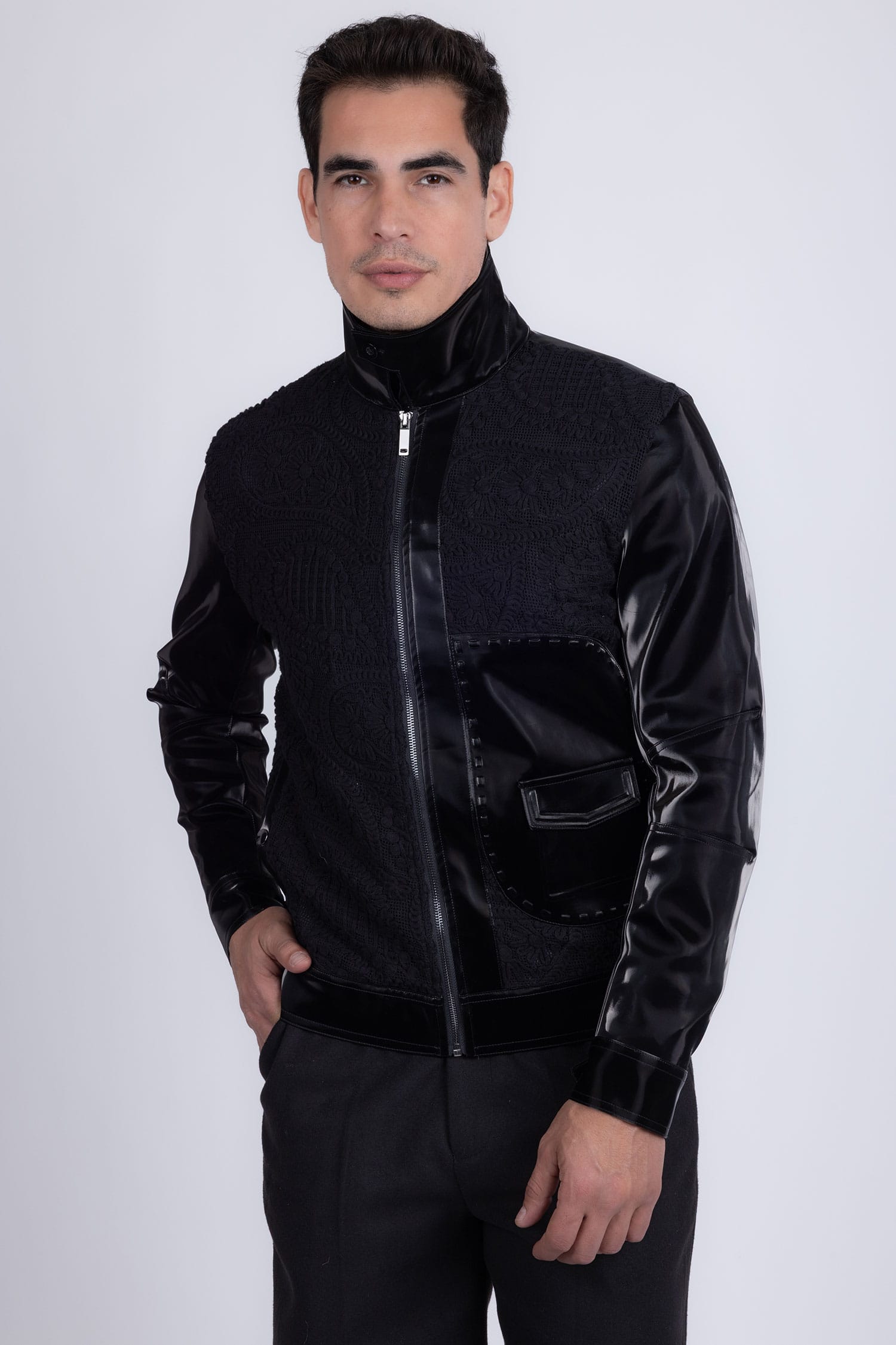 Barabas Men's Solid Color Embroidered Shiny Bomber Jacket 5C01 Black