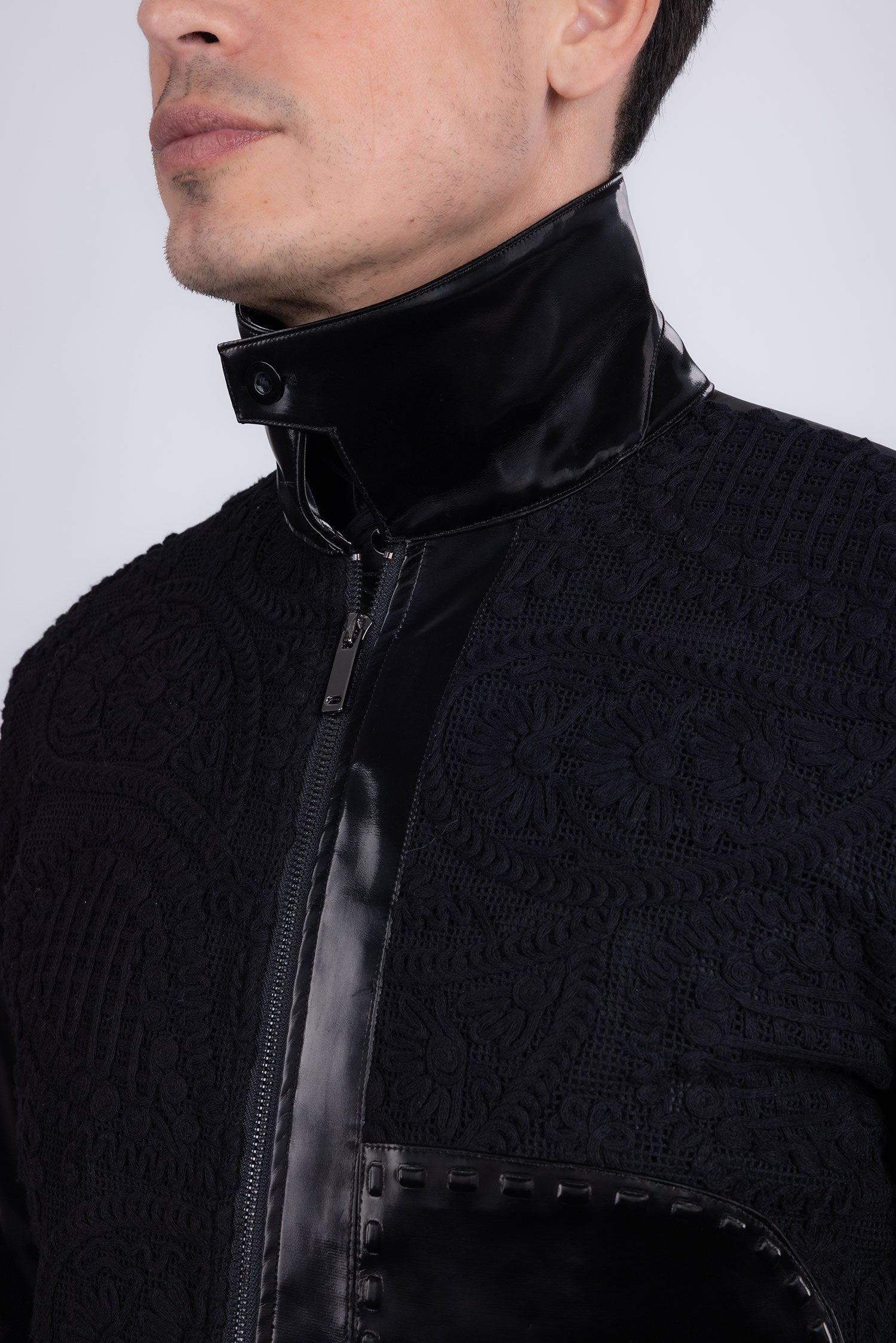 Barabas Men's Solid Color Embroidered Shiny Bomber Jacket 5C01 Black