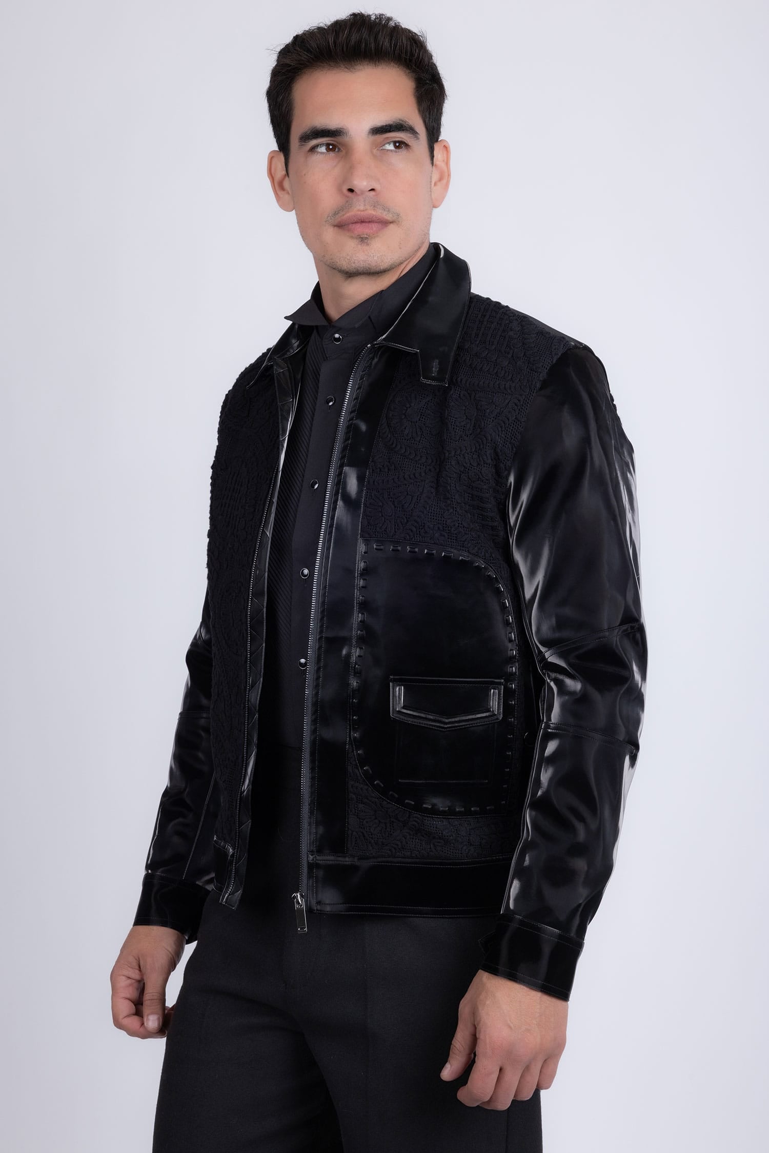 Barabas Men's Solid Color Embroidered Shiny Bomber Jacket 5C01 Black