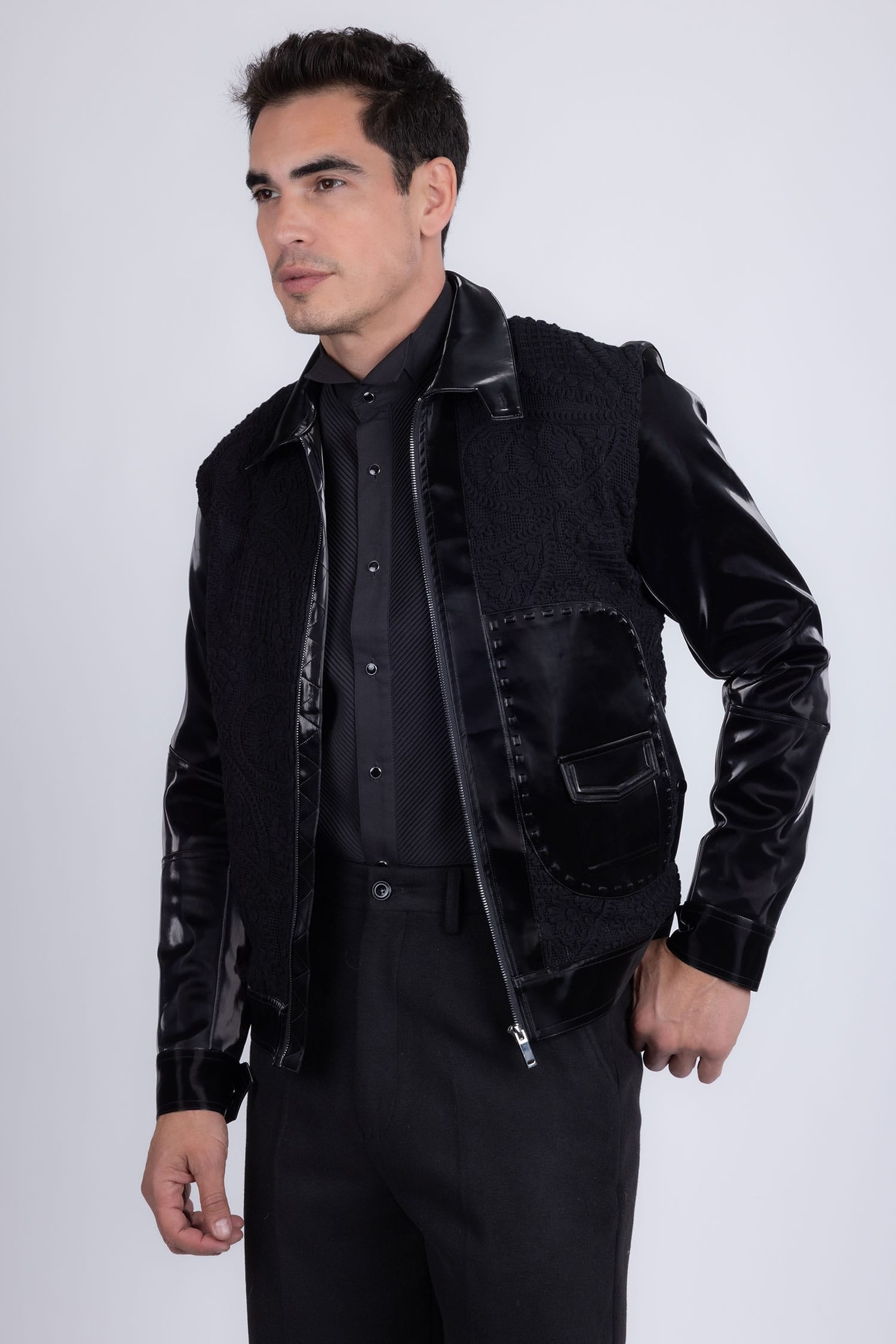Barabas Men's Solid Color Embroidered Shiny Bomber Jacket 5C01 Black