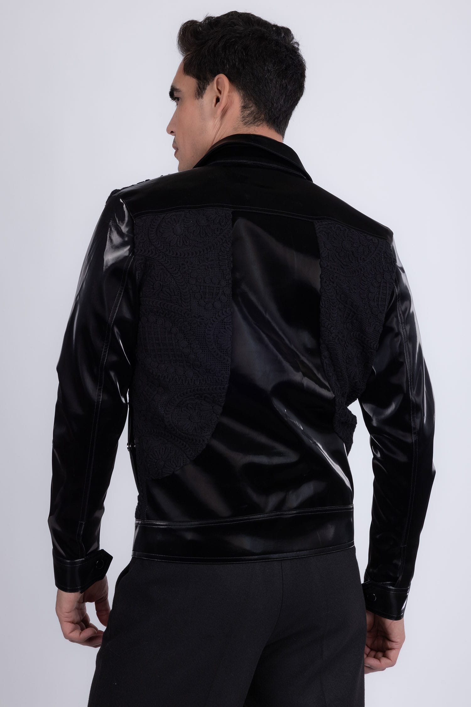 Barabas Men's Solid Color Embroidered Shiny Bomber Jacket 5C01 Black