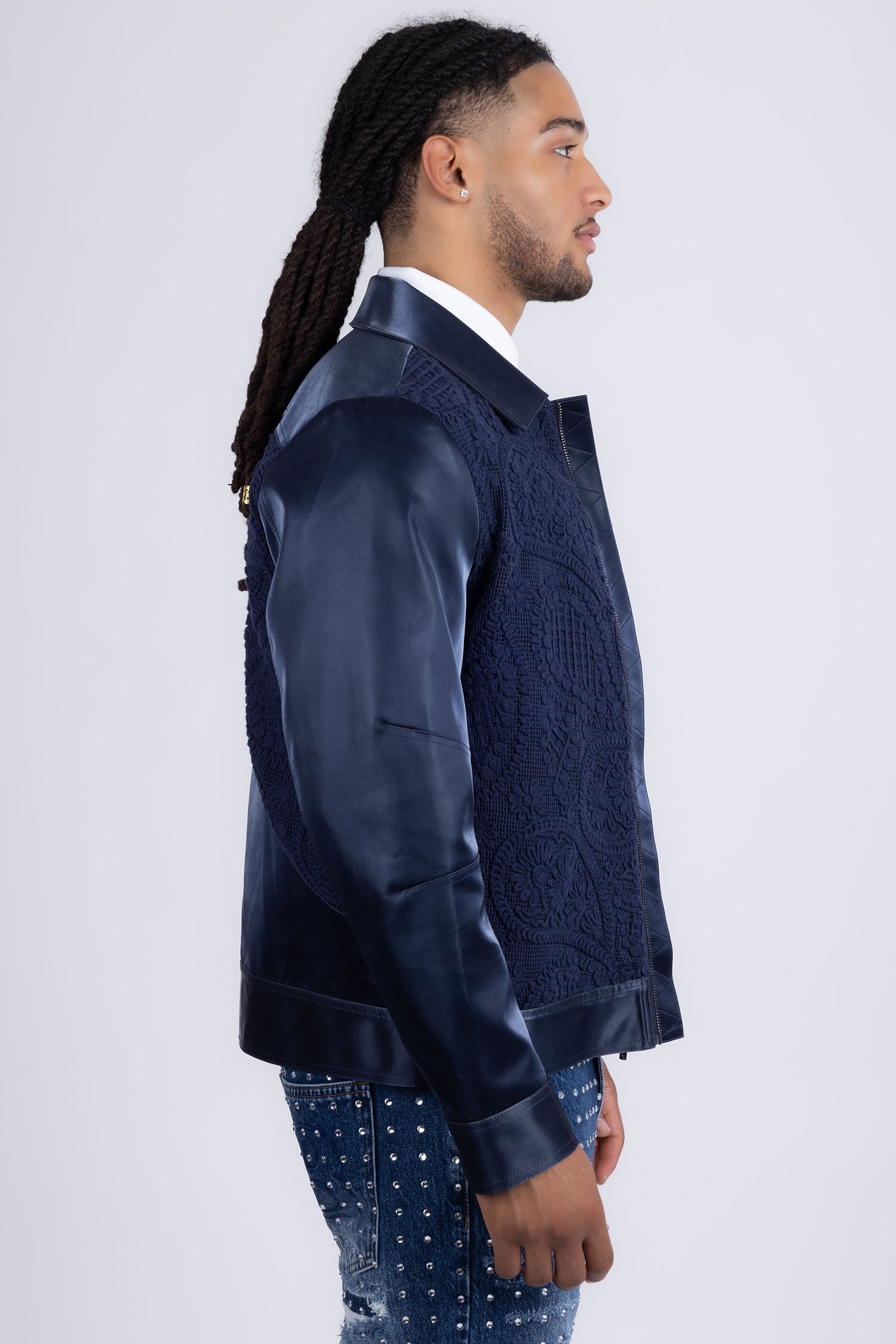 Barabas Men's Solid Color Embroidered Shiny Bomber Jacket 5C01 Navy