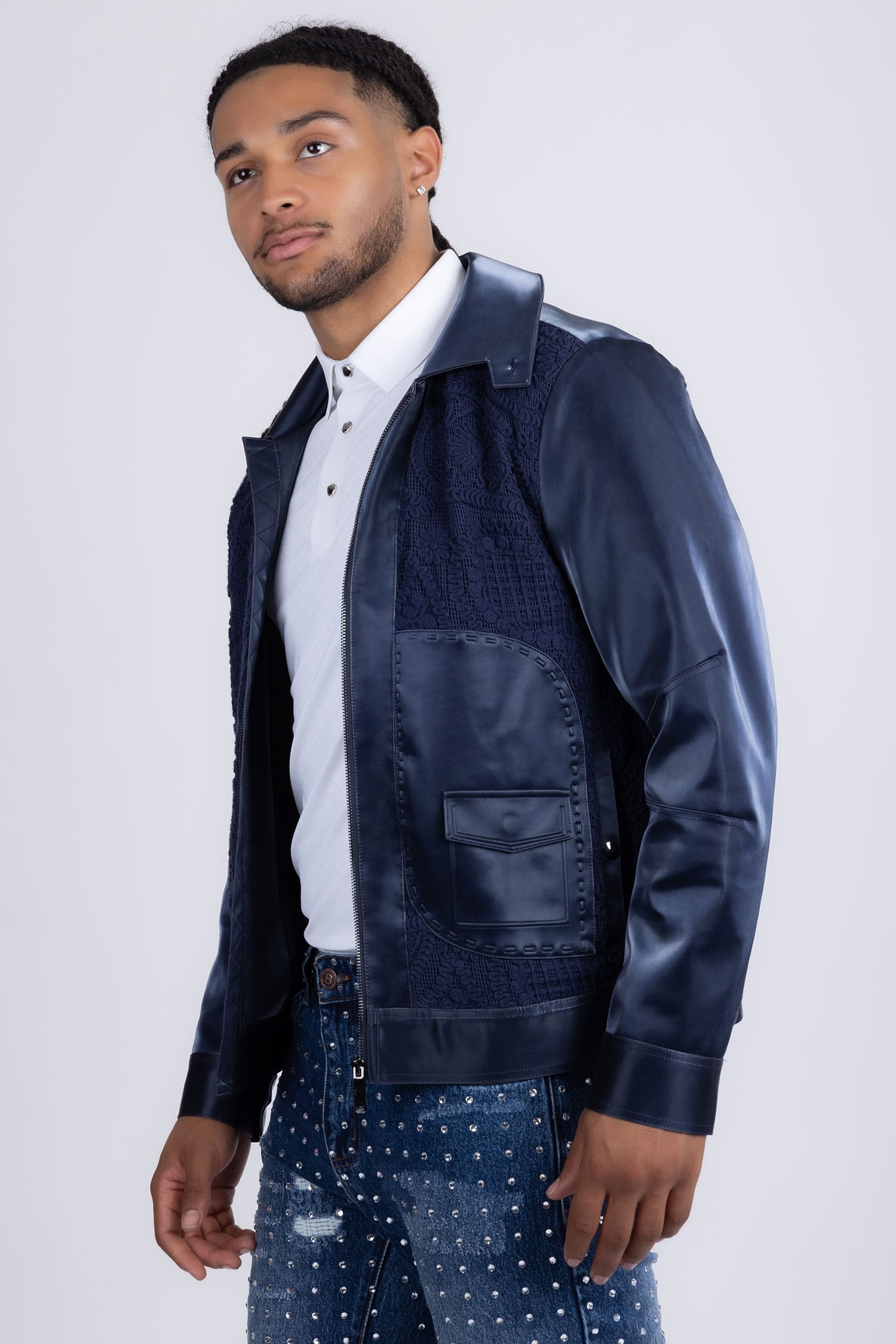 Barabas Men's Solid Color Embroidered Shiny Bomber Jacket 5C01 Navy