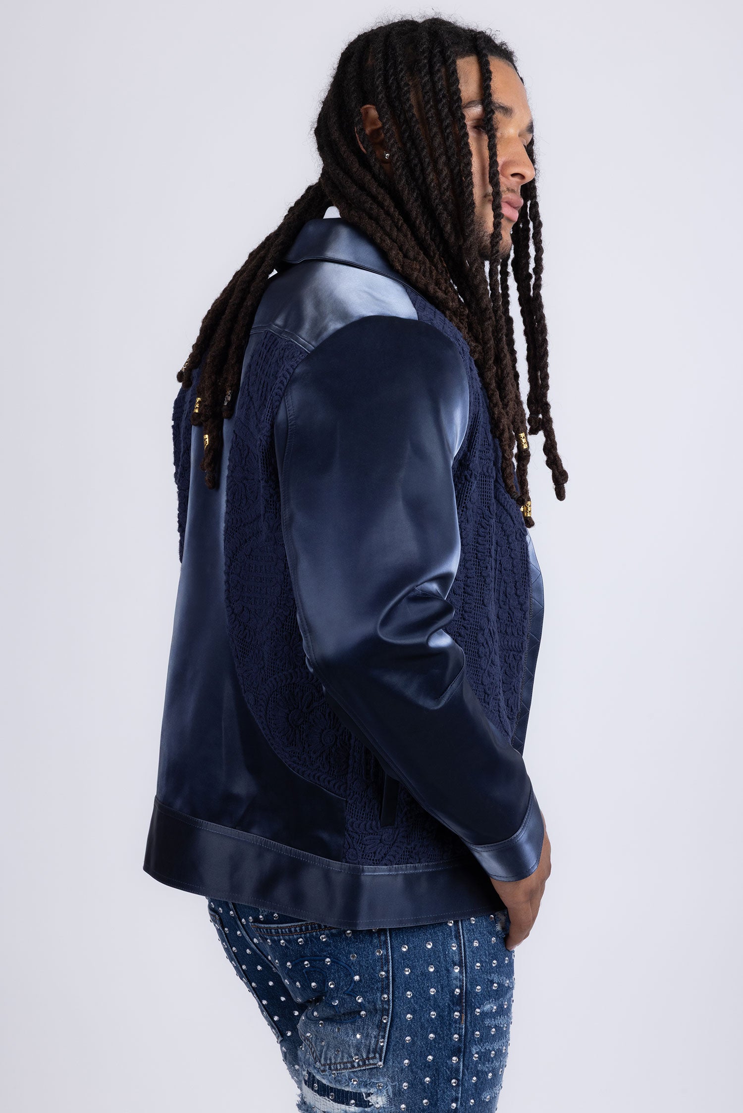 Barabas Men's Solid Color Embroidered Shiny Bomber Jacket 5C01 Blue