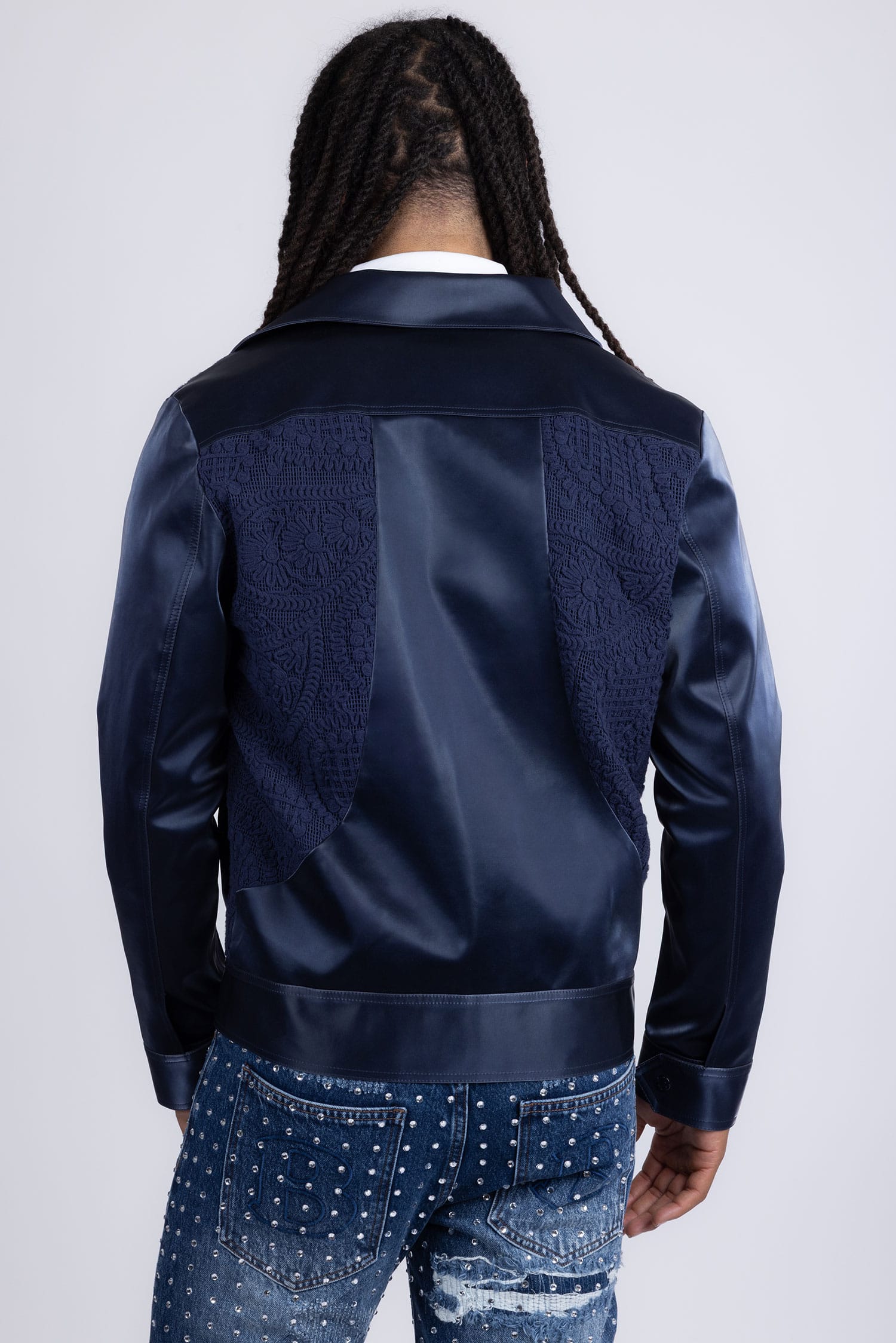 Barabas Men's Solid Color Embroidered Shiny Bomber Jacket 5C01 Blue