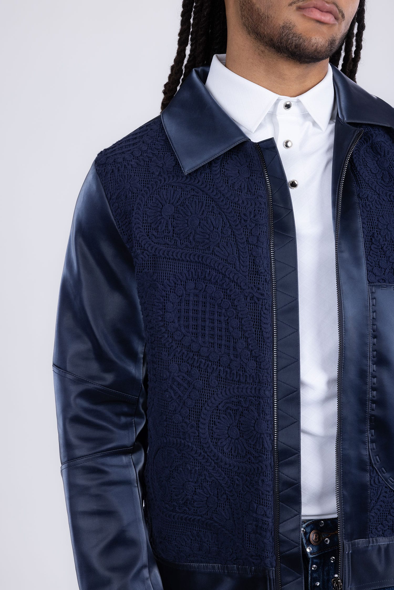 Barabas Men's Solid Color Embroidered Shiny Bomber Jacket 5C01 Navy