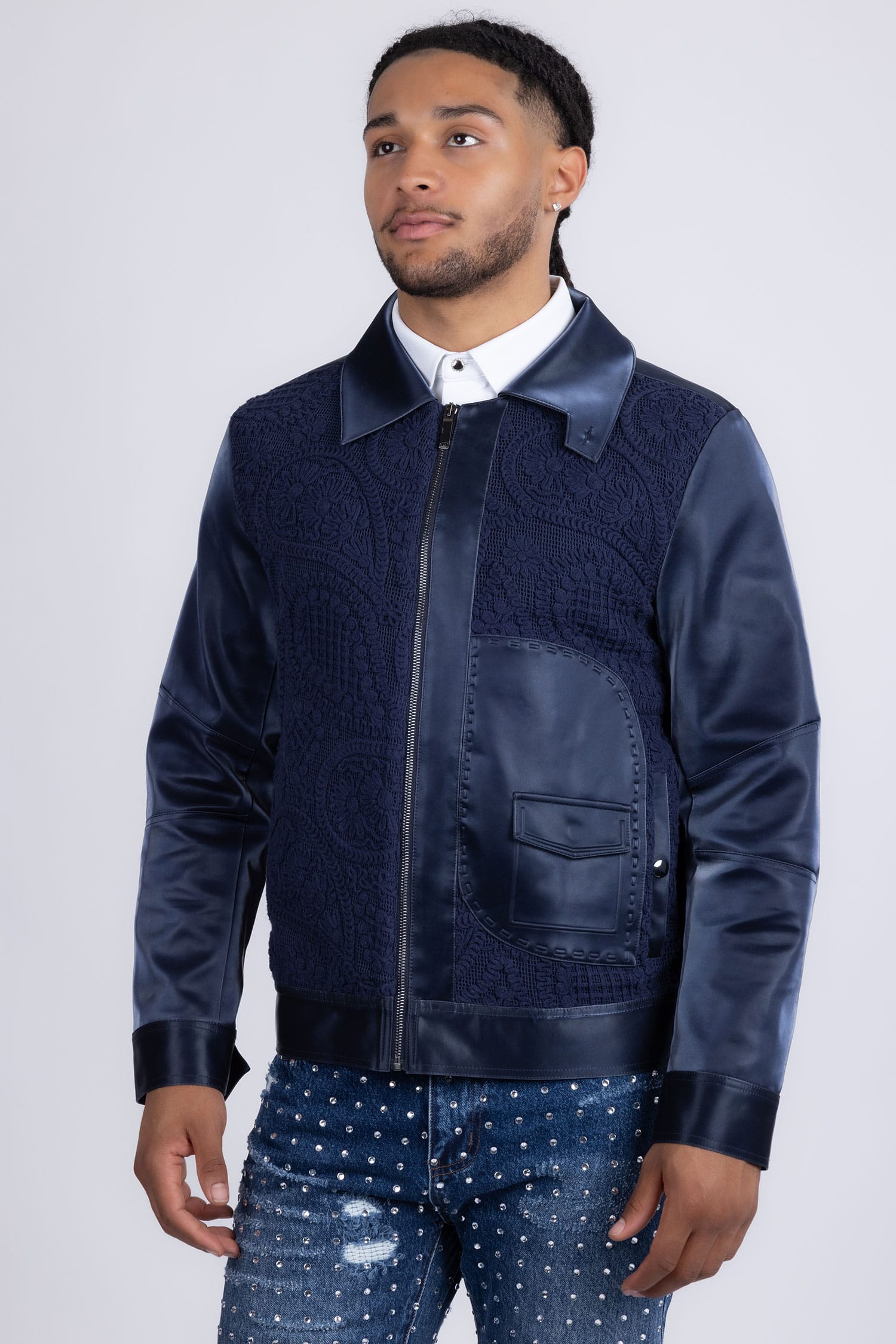 Barabas Men's Solid Color Embroidered Shiny Bomber Jacket 5C01 Navy