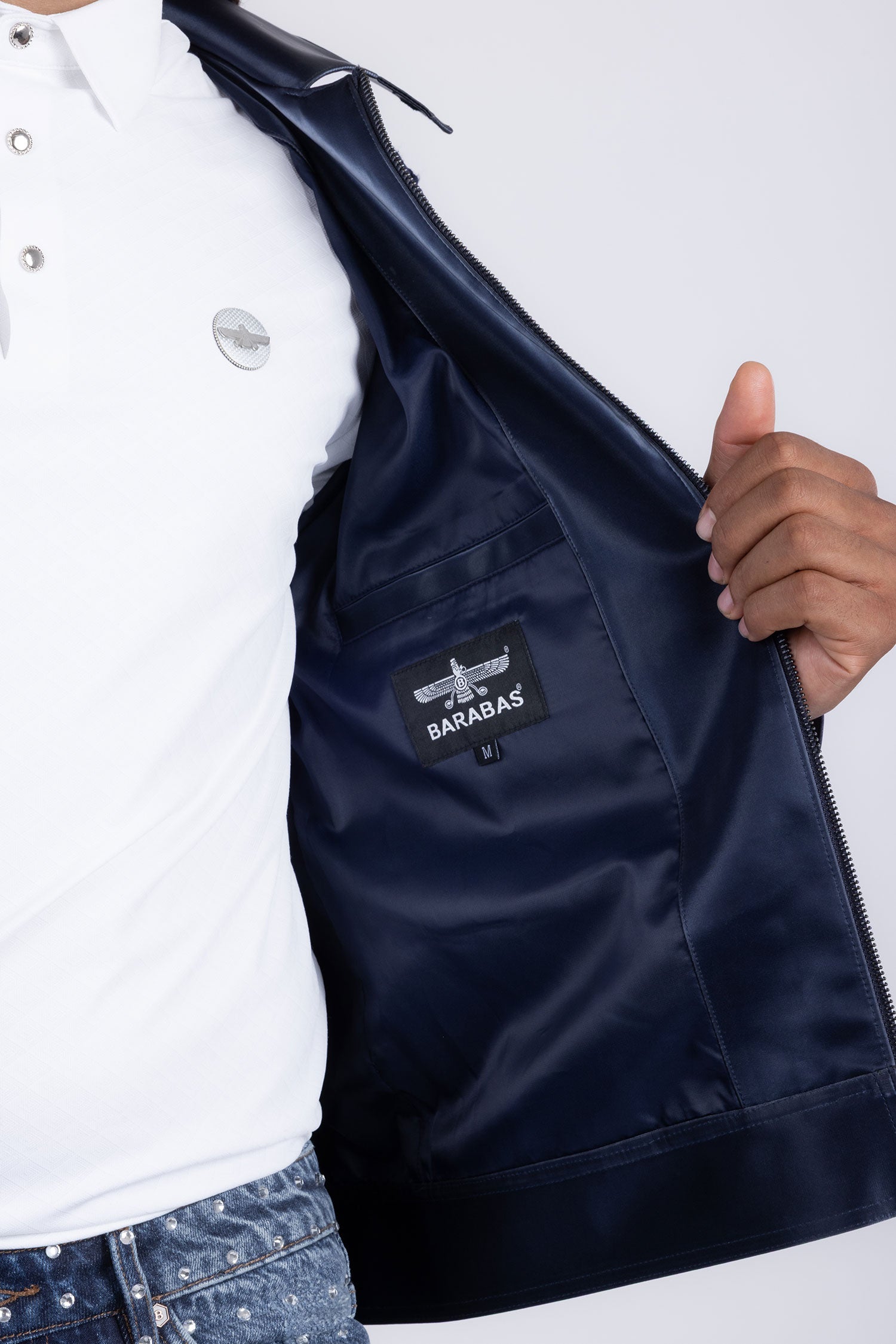 Barabas Men's Solid Color Embroidered Shiny Bomber Jacket 5C01 Navy