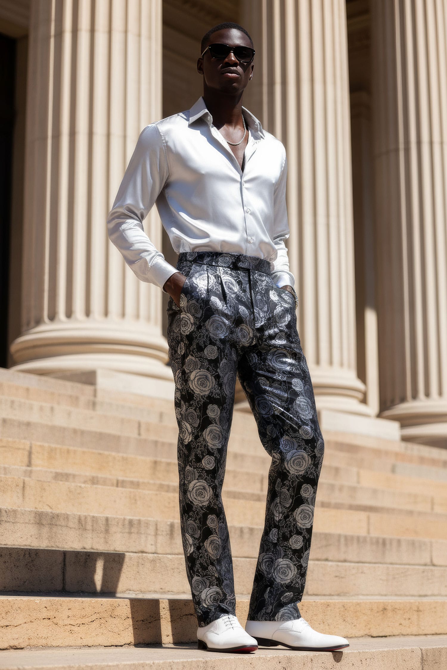 Barabas Men's Floral Slim Fit Chino Dress Pants 5CP02 Black Silver