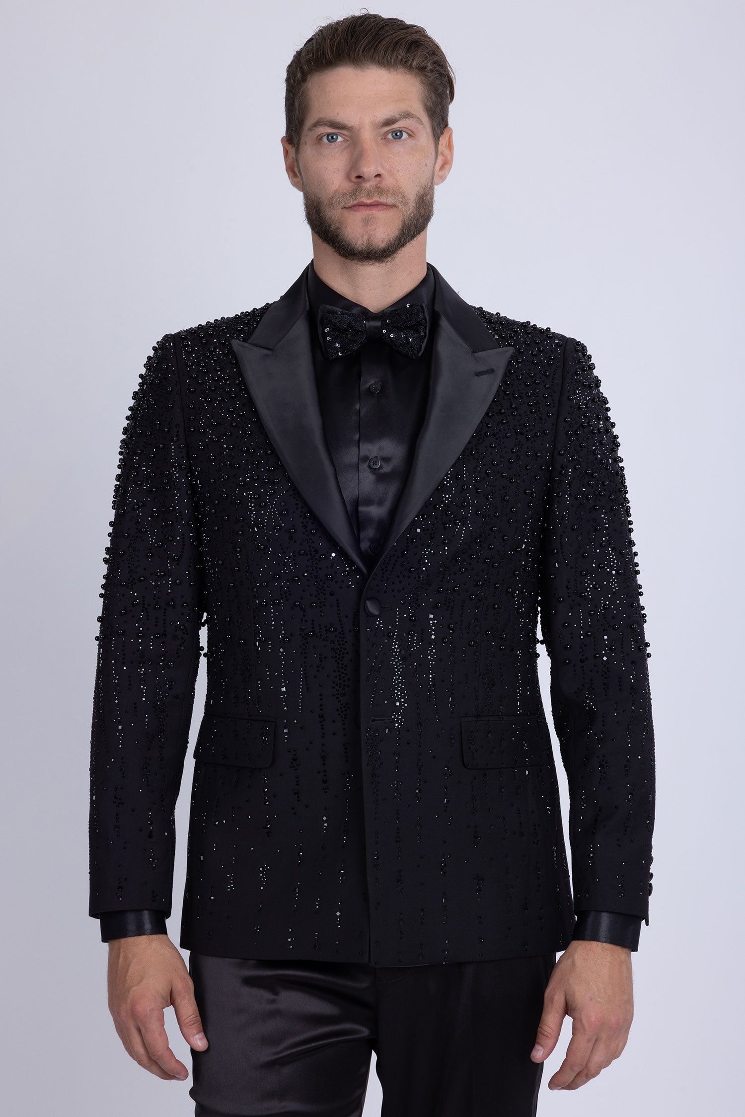 Barabas Men's Rhinestones Beaded Design Peak Lapel Blazer 5EBL01 Black